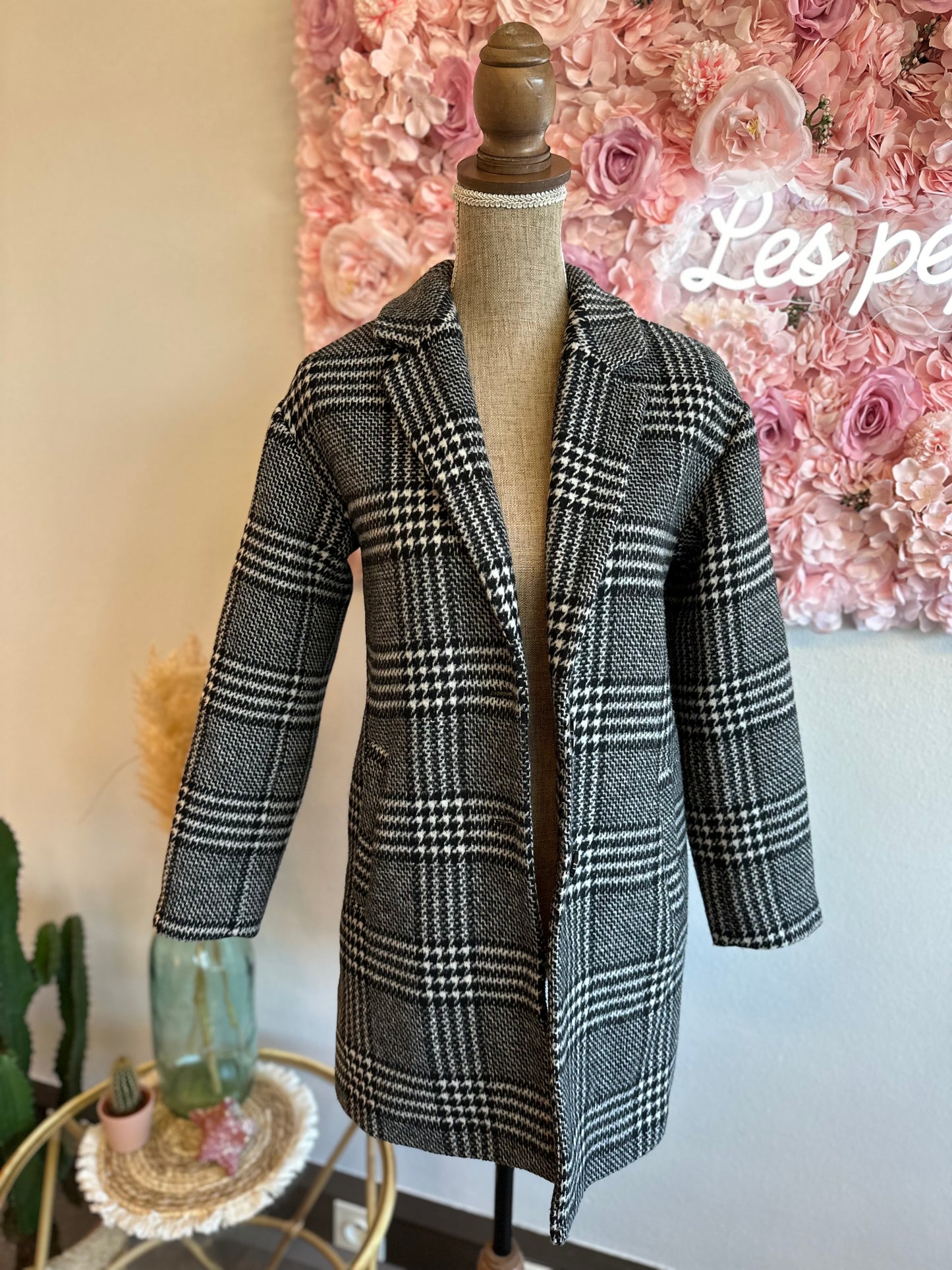 Manteau long à motif pied-de-poule lainé T.34