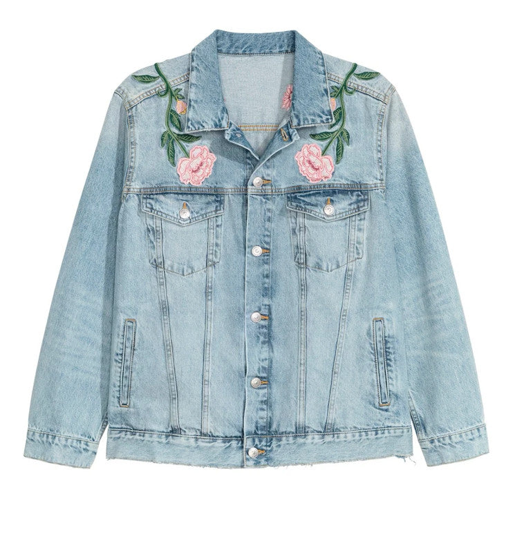 Veste en jean oversize brodée fleurs T.36