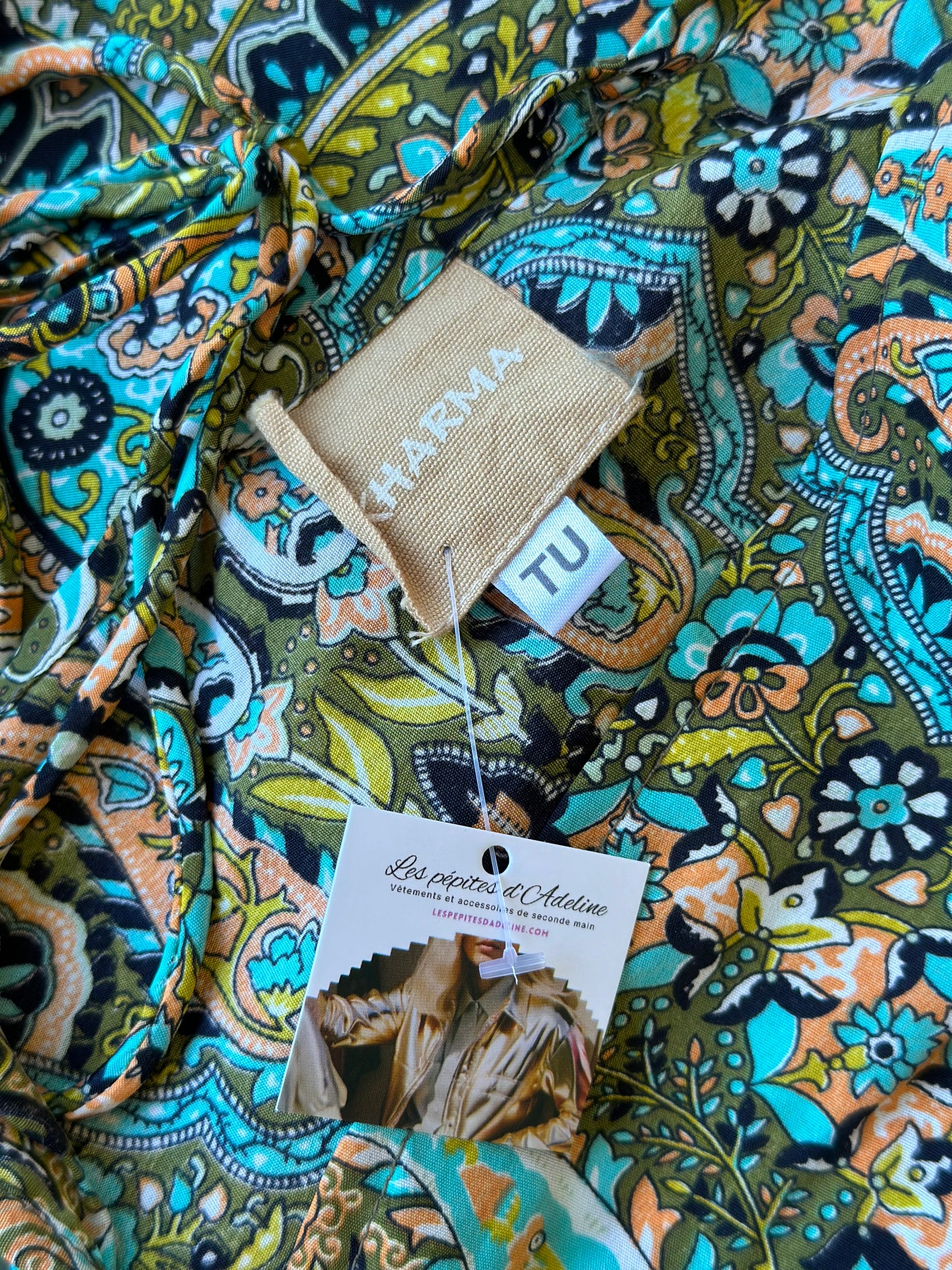 Robe longue bohème verte avec motifs fleuris et paisley, T.U