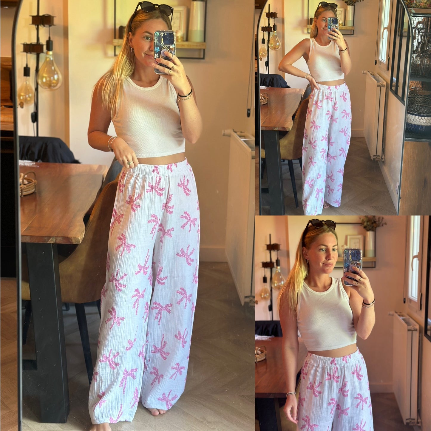 Ensemble d’été en gaze de coton blanc brodé de palmiers roses T.U