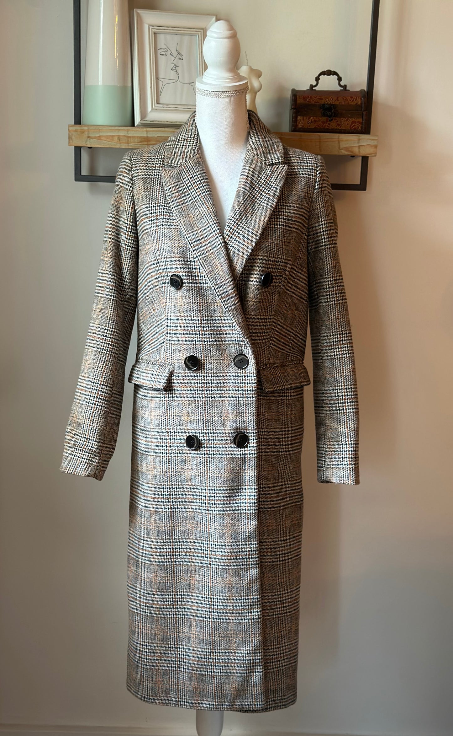 Manteau long pied-de-poule en laine T.34