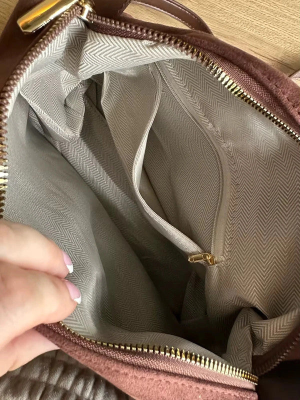 Sac marron suédine et similicuir détails dorés