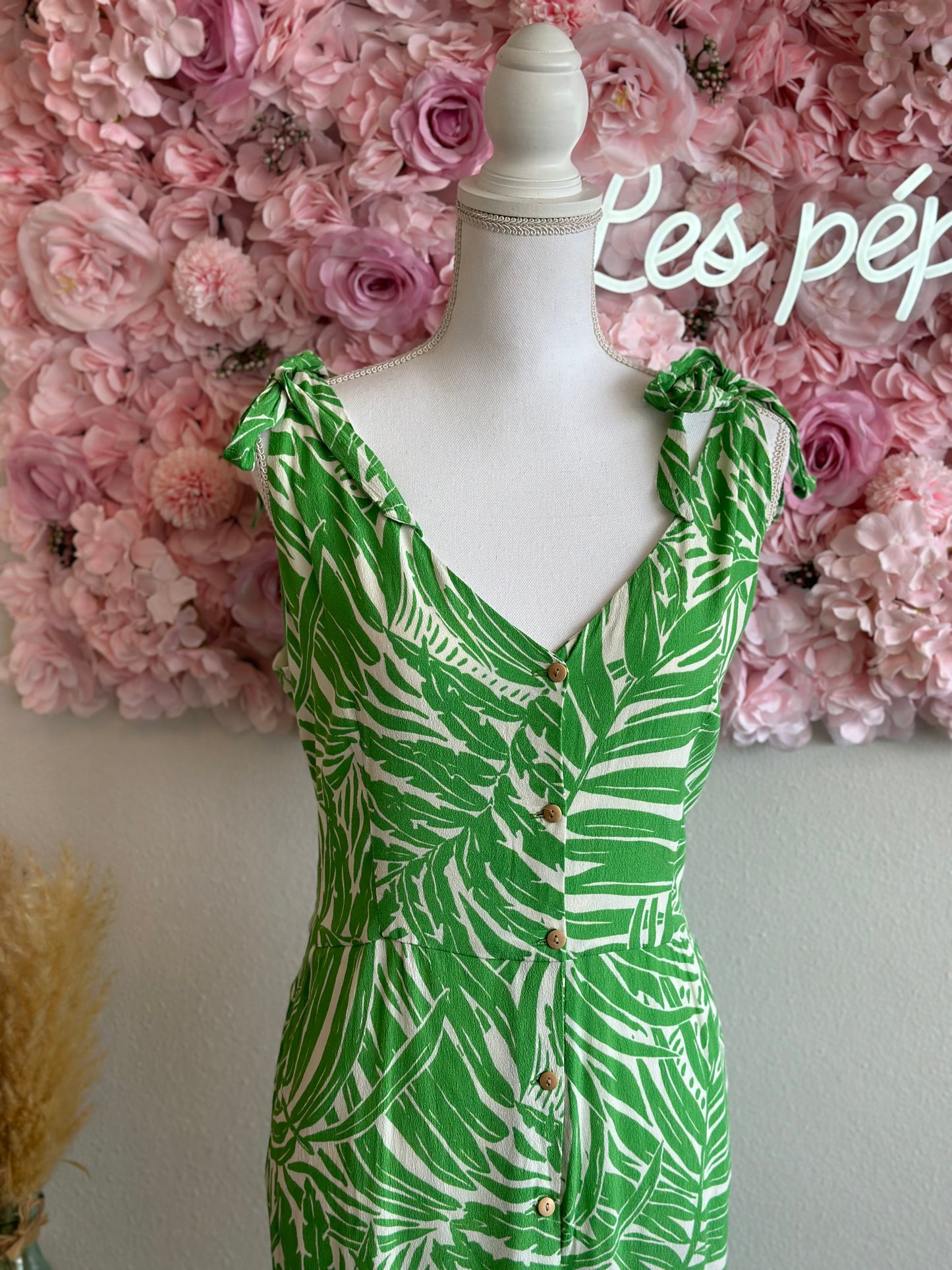 Combinaison estivale fluide à motifs tropicaux verts et blancs, T.42