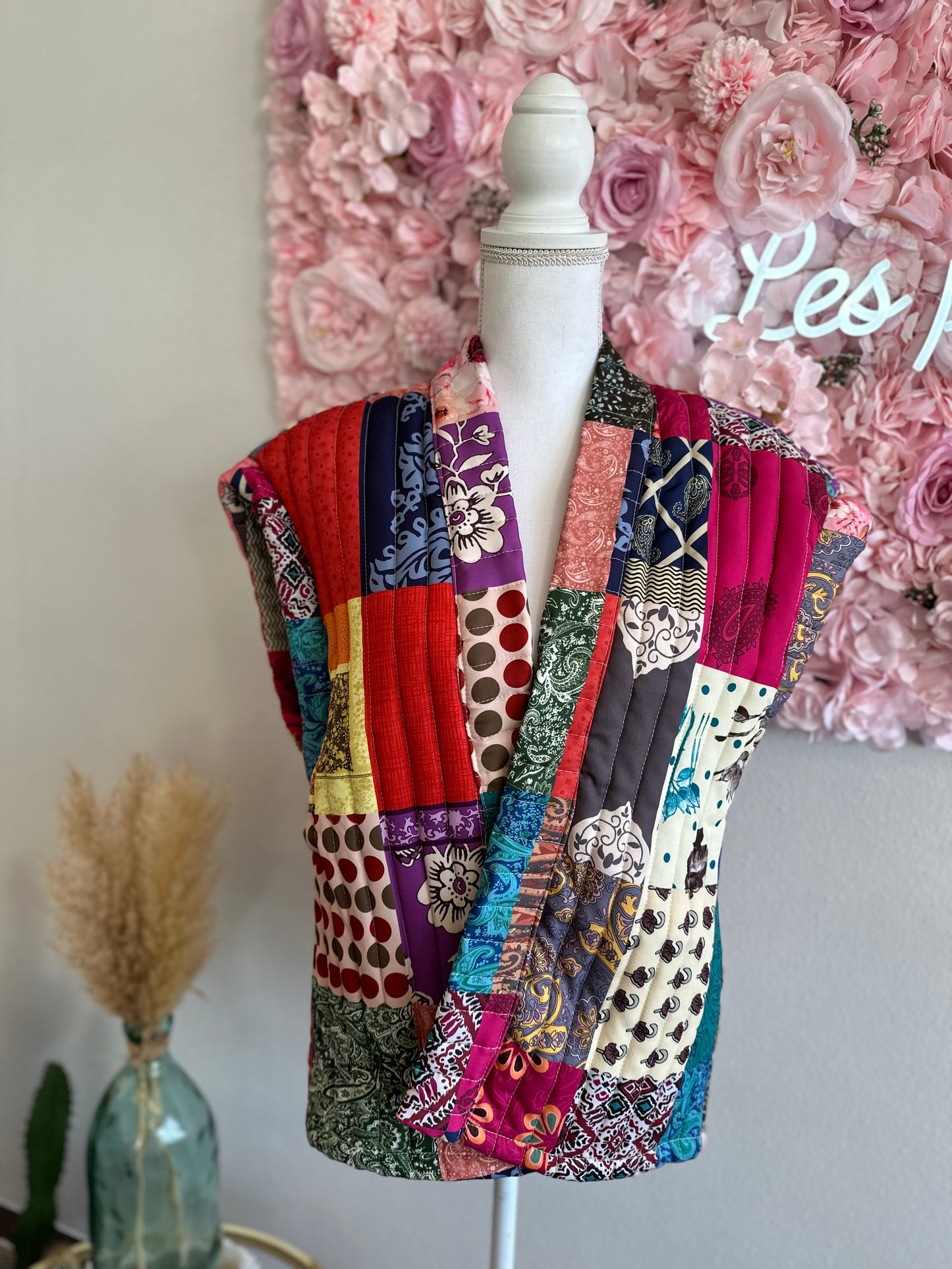 Gilet sans manches matelassé, patchwork coloré, T.U
