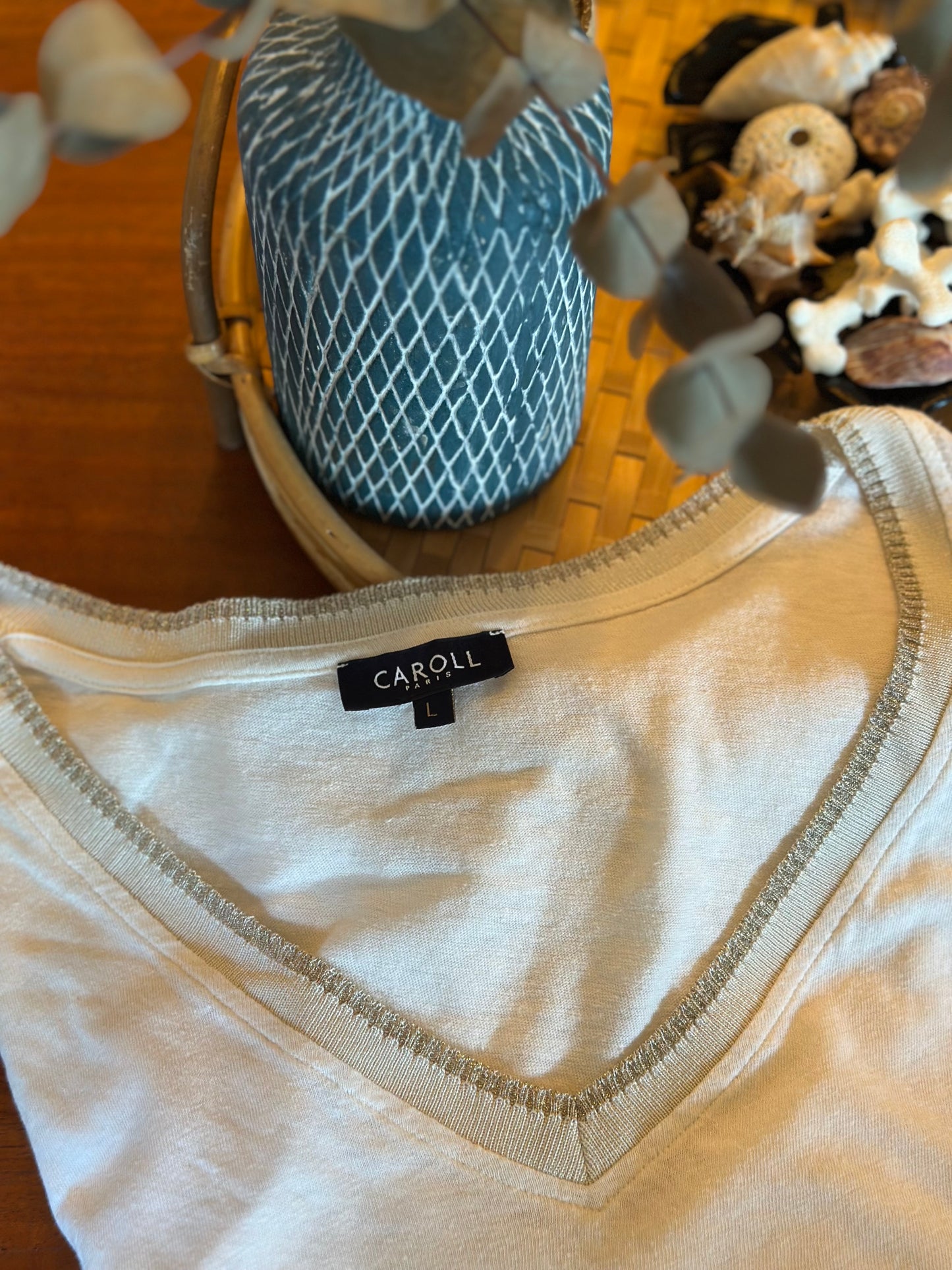 T-shirt en lin blanc, Liseré argenté T.40