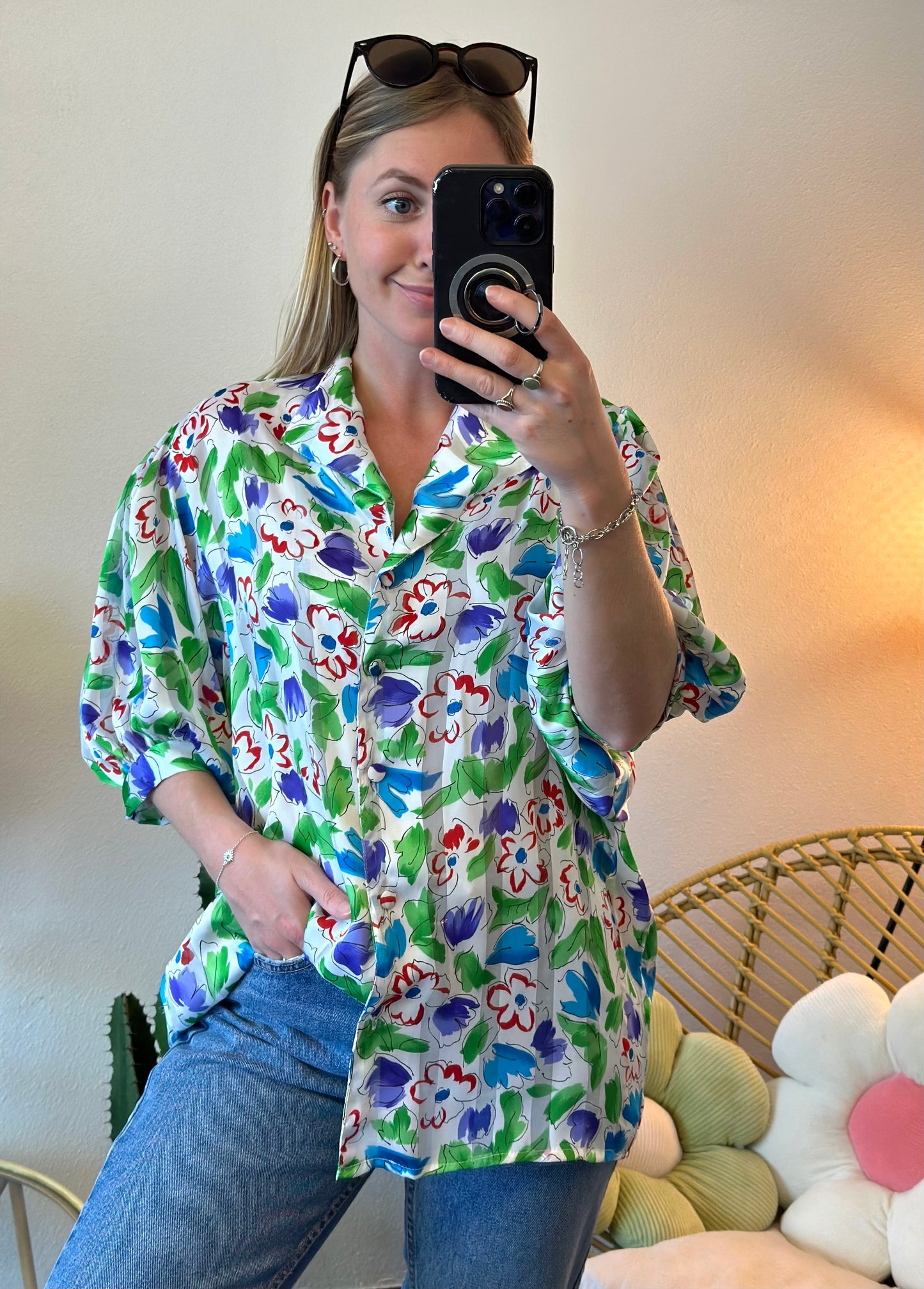 Blouse vintage blanche à imprimé floral coloré T.U