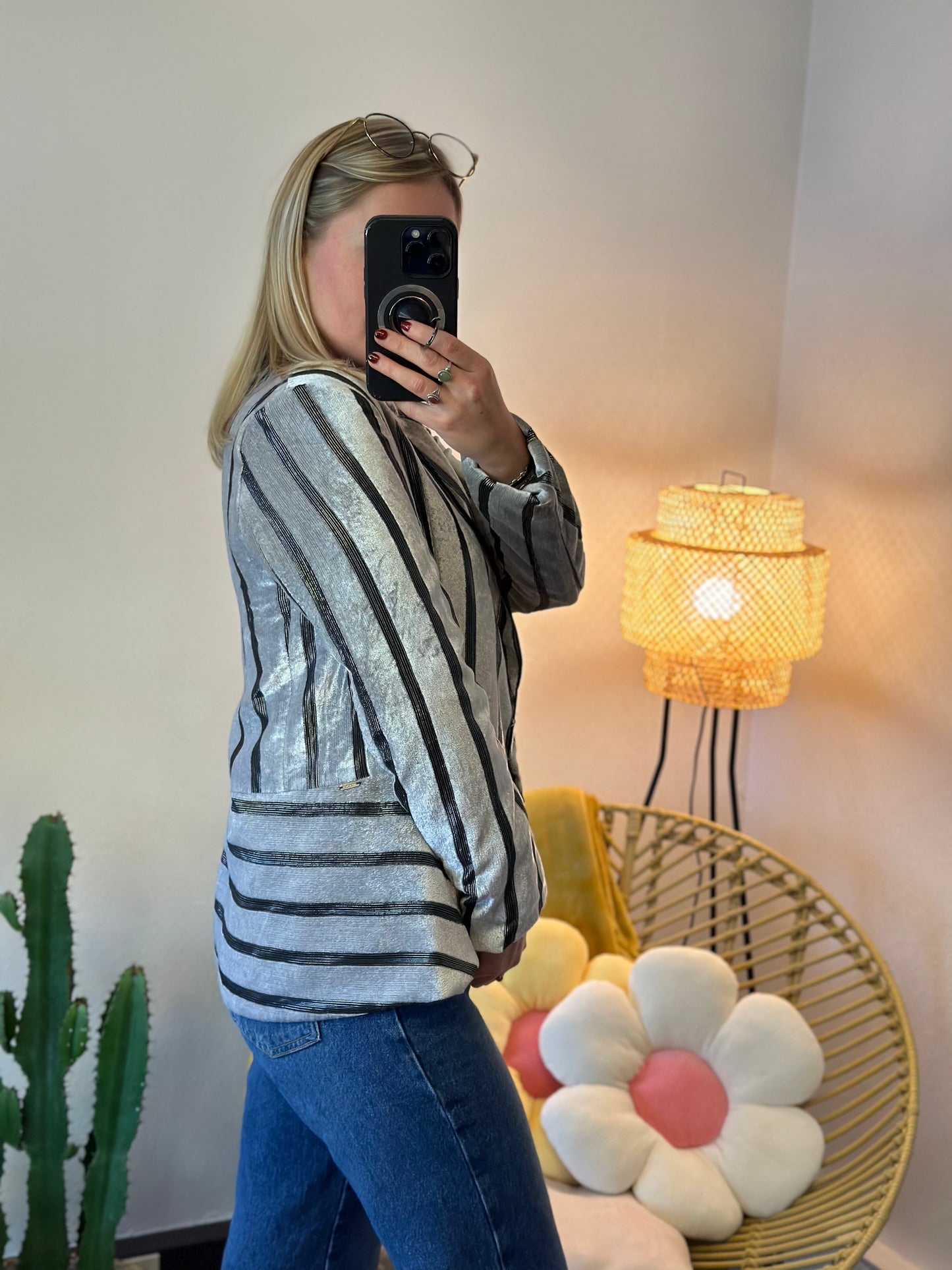 Veste de blazer en velours, rayures noires et grises argentées, T.38