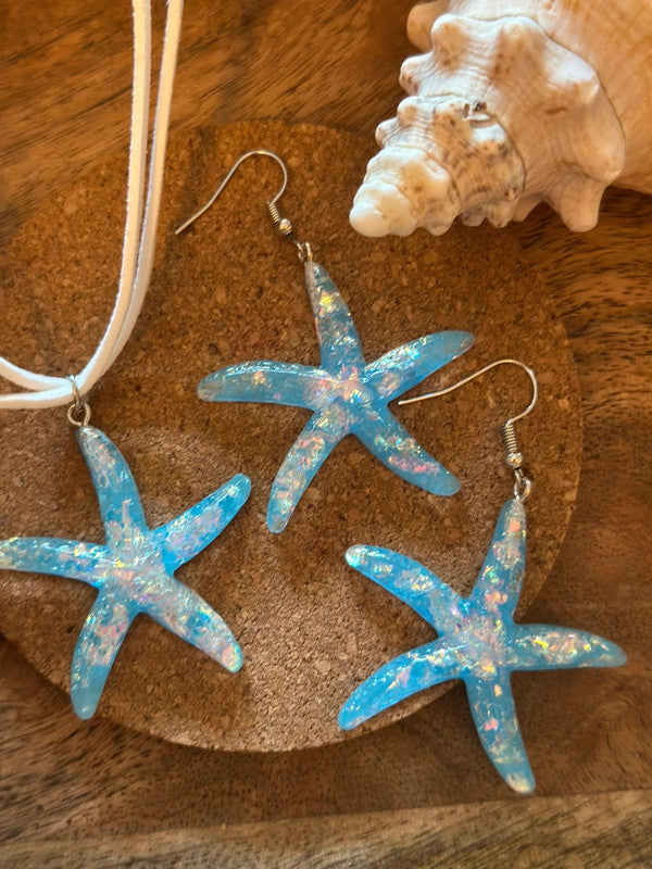 Set bijoux étoiles de mer bleu – collier ras-du-cou + boucles assorties