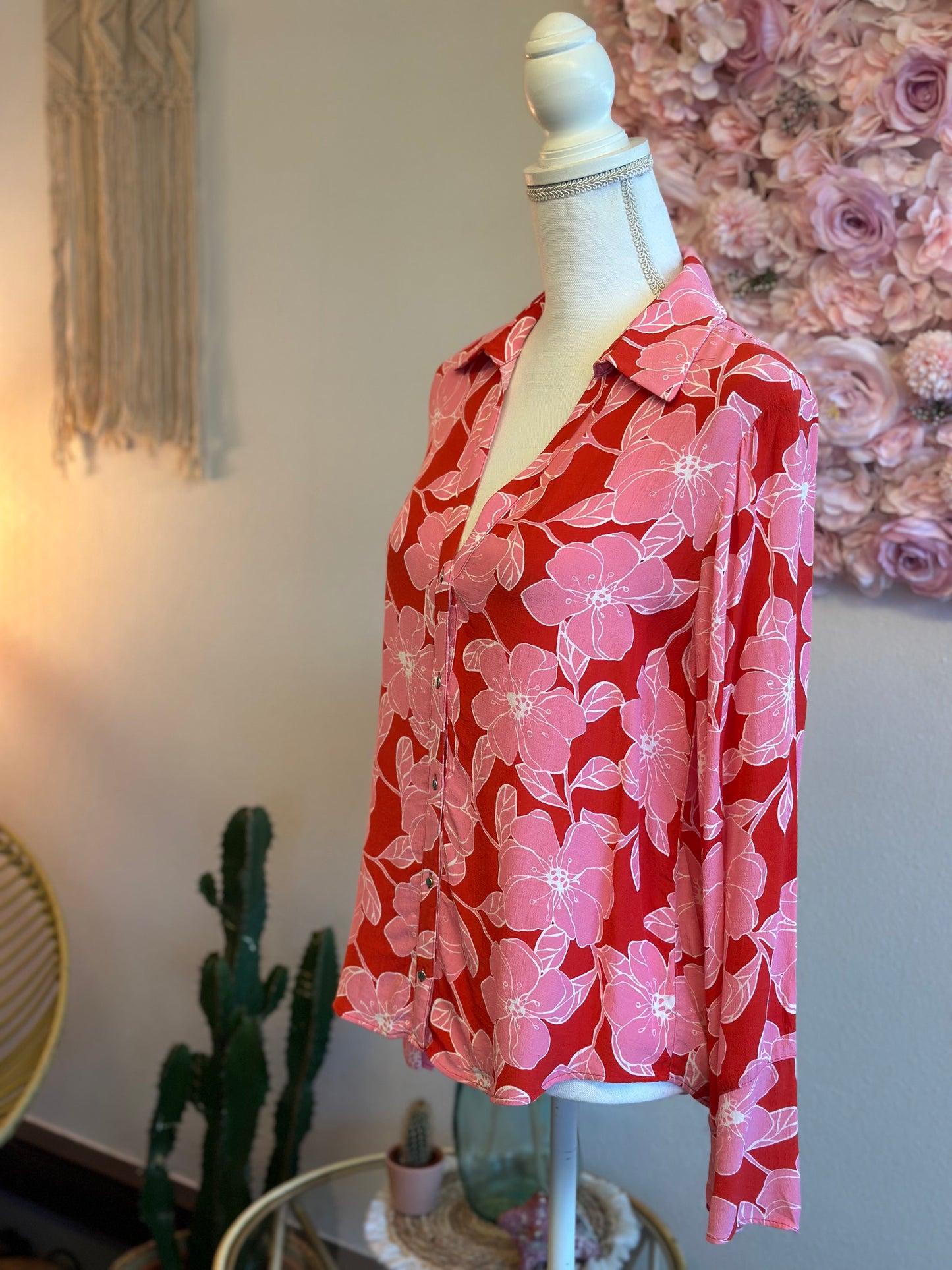 Chemise fluide à imprimé fleuri rose et rouge, coupe oversize, T.34