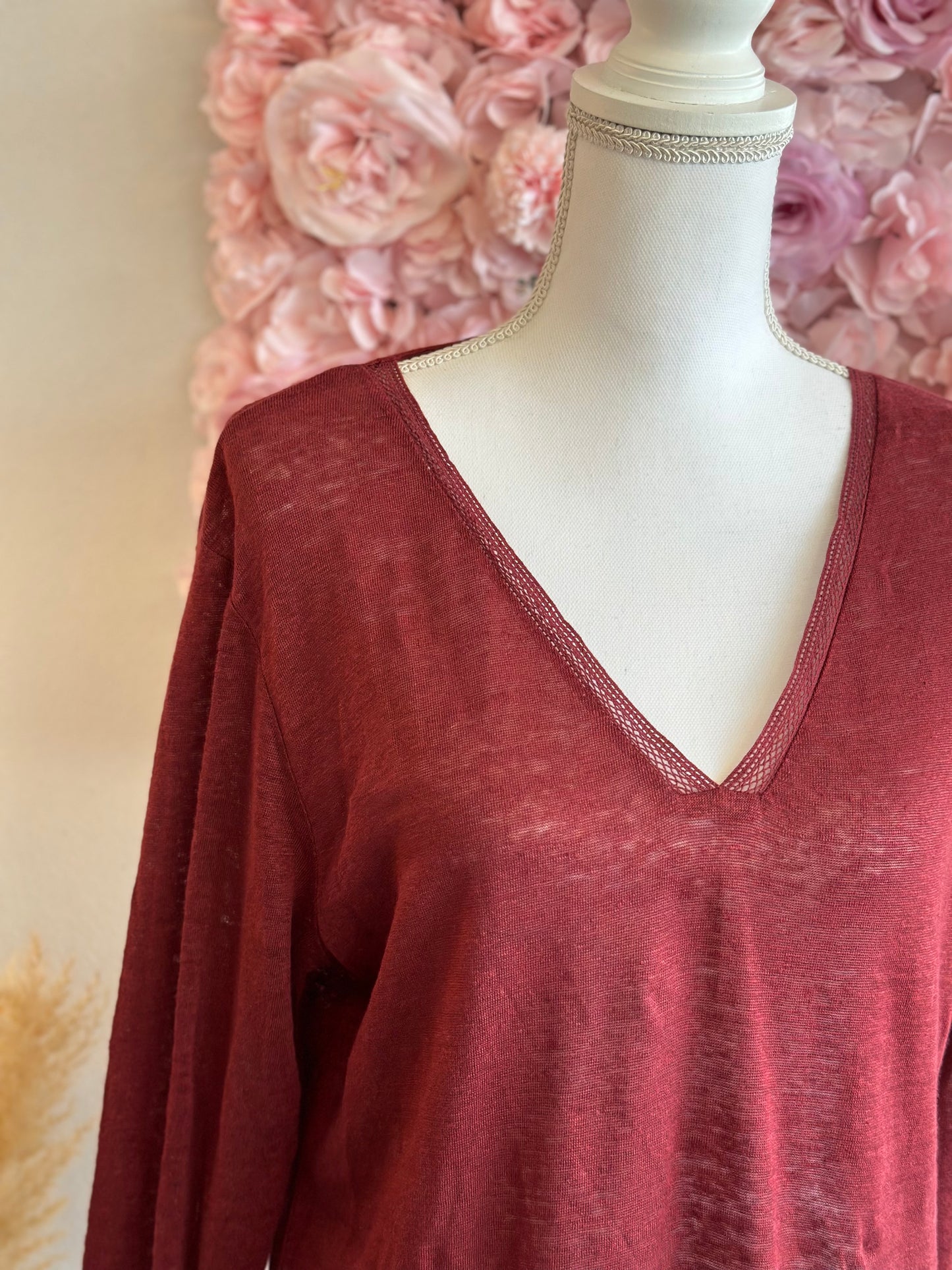 Pull en lin maille fine bordeaux, T.36/38, oversize, neuf avec étiquette