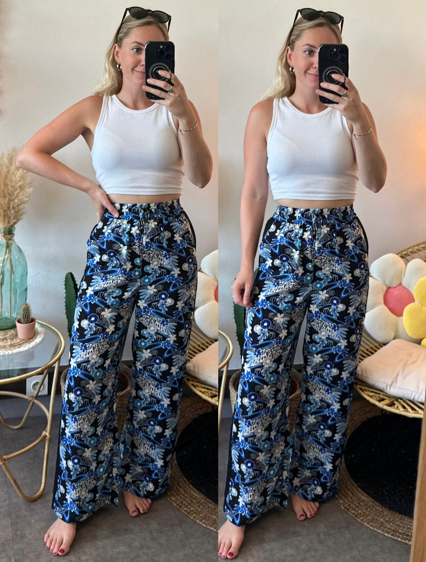 Pantalon fluide jambes larges à motifs fleuris bleu et blanc T.34