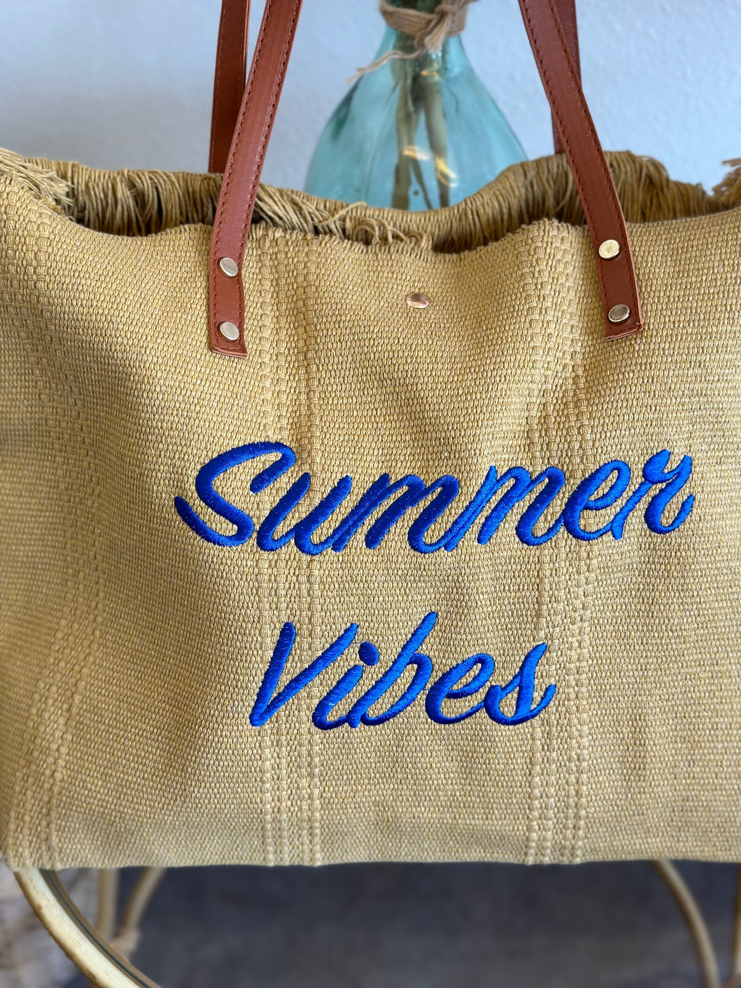 Sac cabas en osier porté épaule, imprimé Summer Vibes