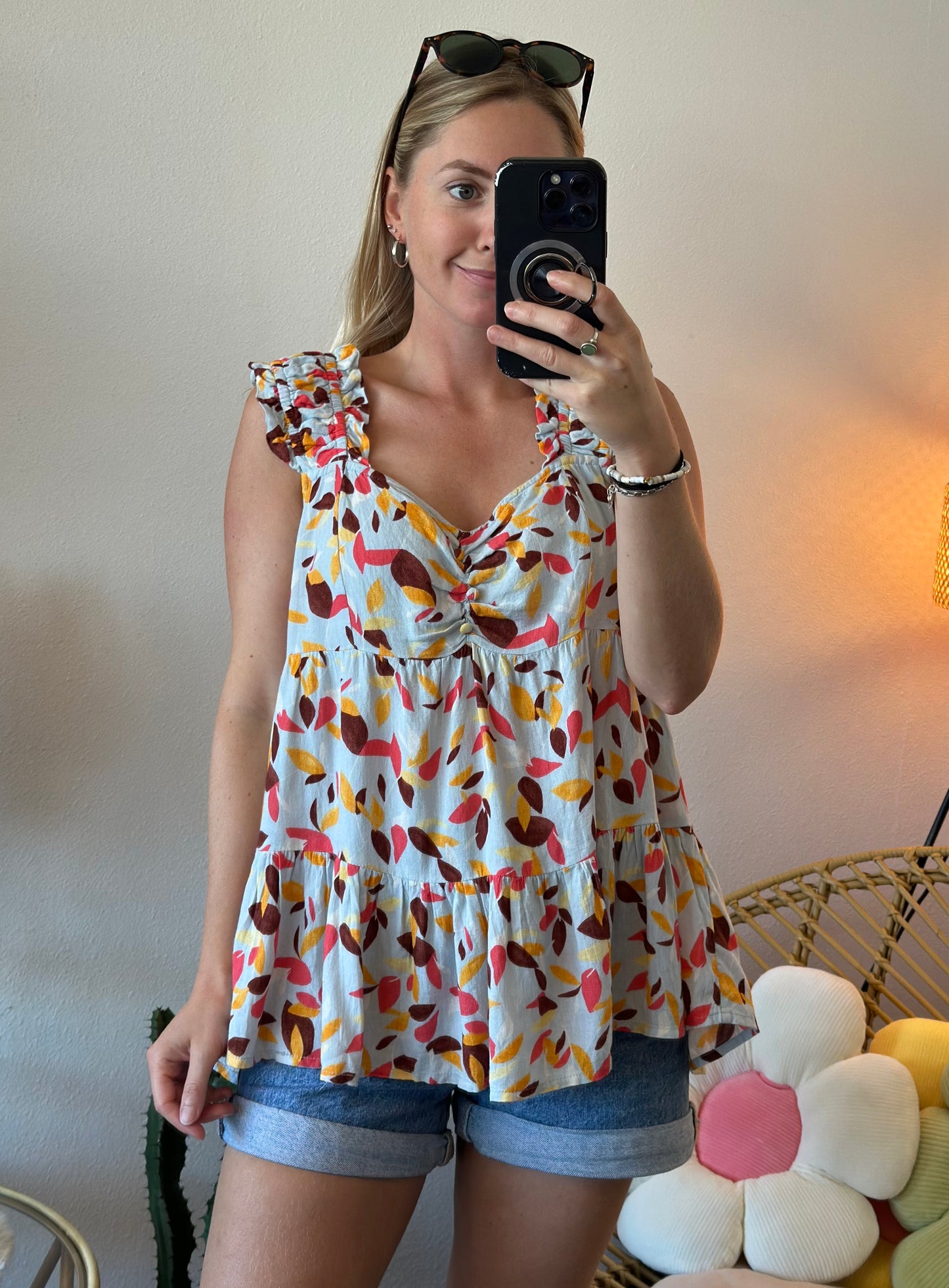 Top d'été évasé en lin à motifs colorés, T.38