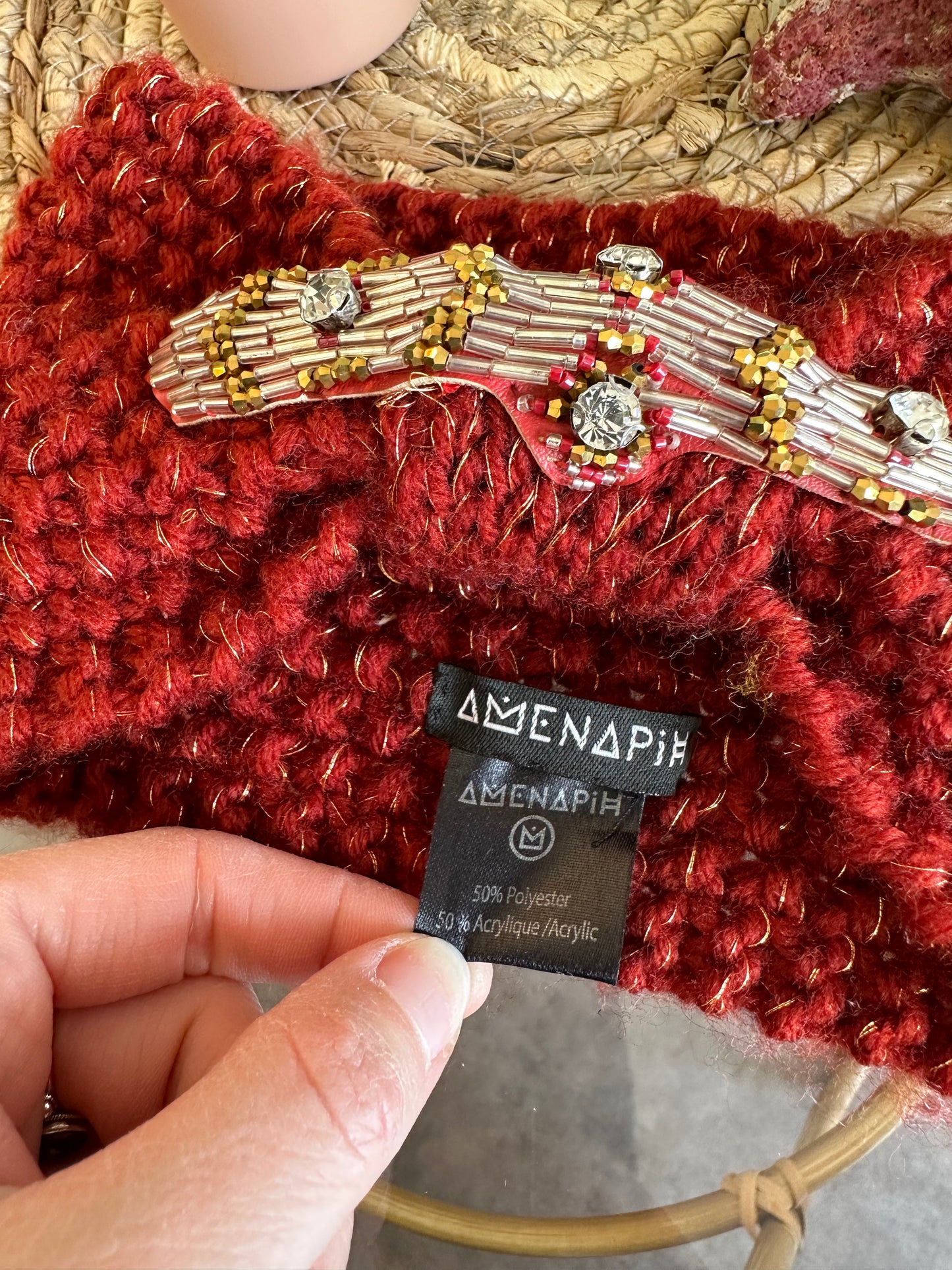 Bandeau bordeaux en maille détails perles T.U