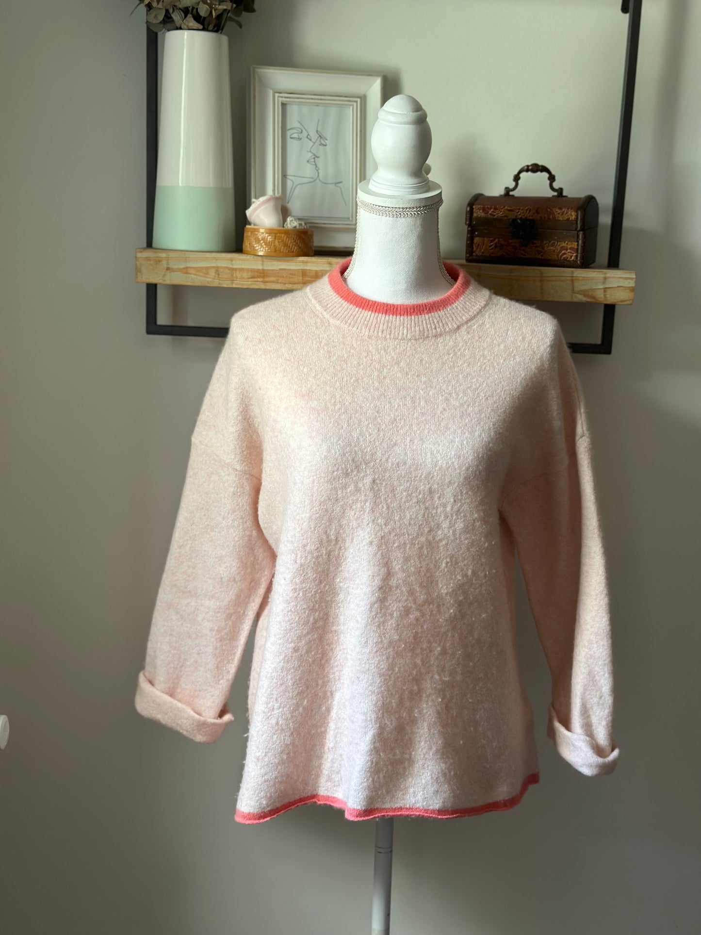 Pull rose en laine American Vintage col contrasté – T.34/36 oversize