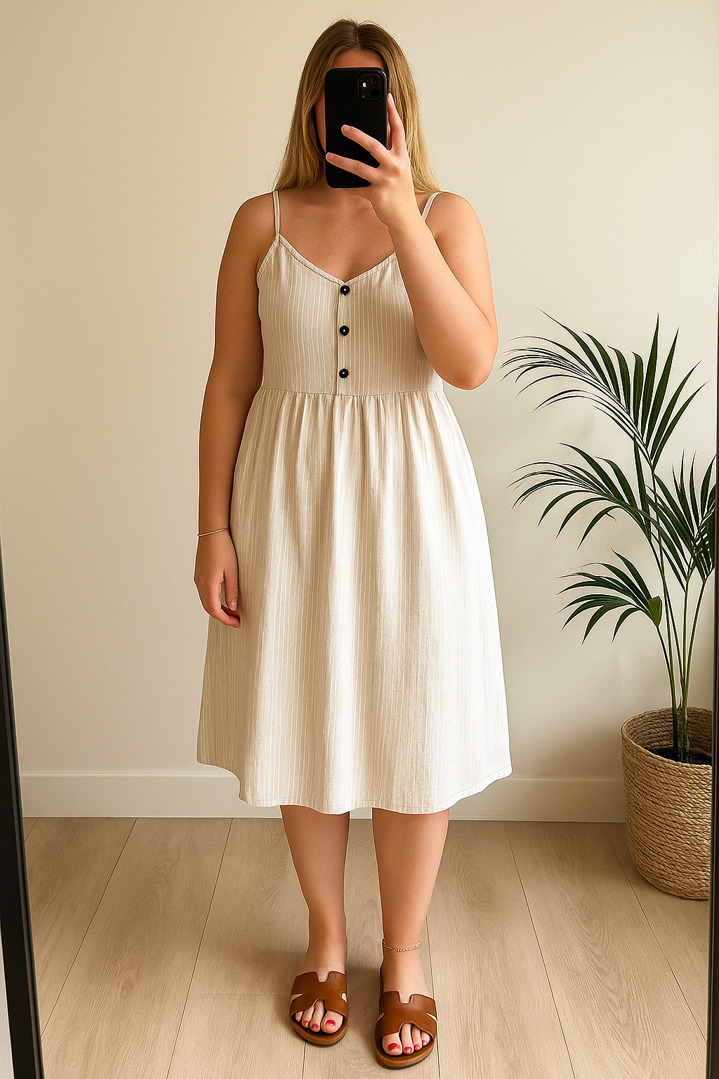 Robe midi à rayures fines beige – en lin T.40