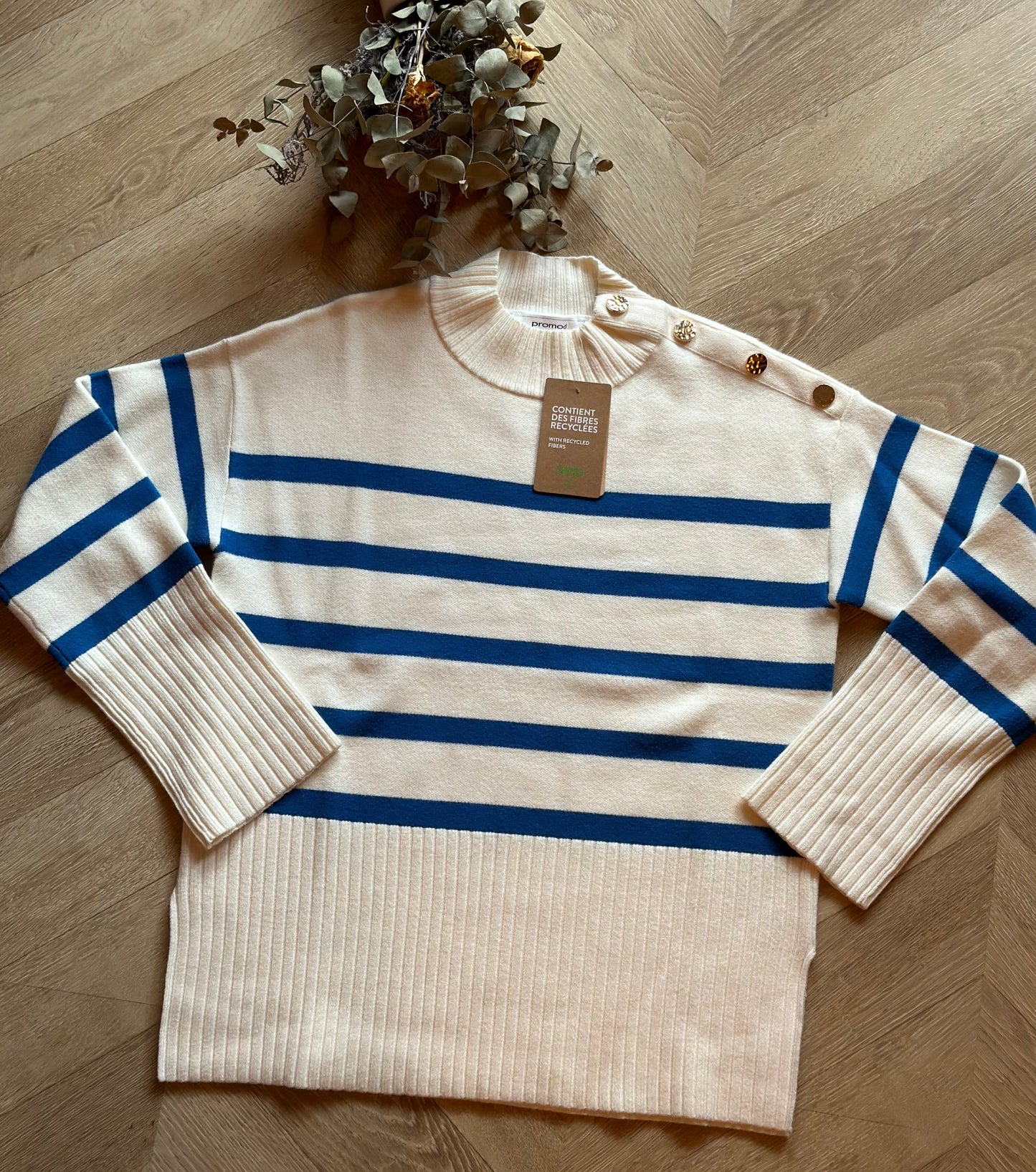 Pull en maille marinière col cheminée avec boutons dorés, neuf, T.34 oversize