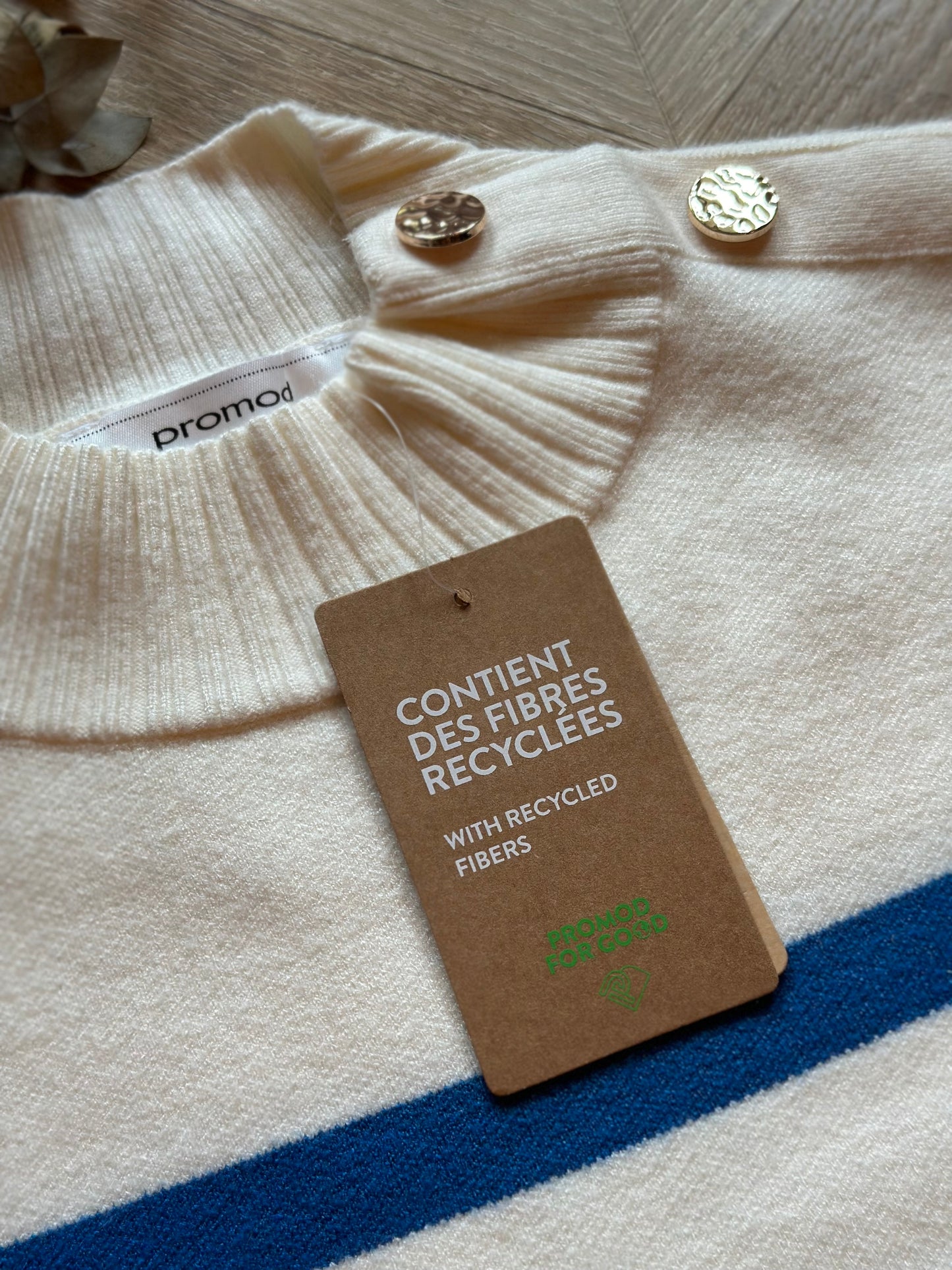 Pull en maille marinière col cheminée avec boutons dorés, neuf, T.34 oversize