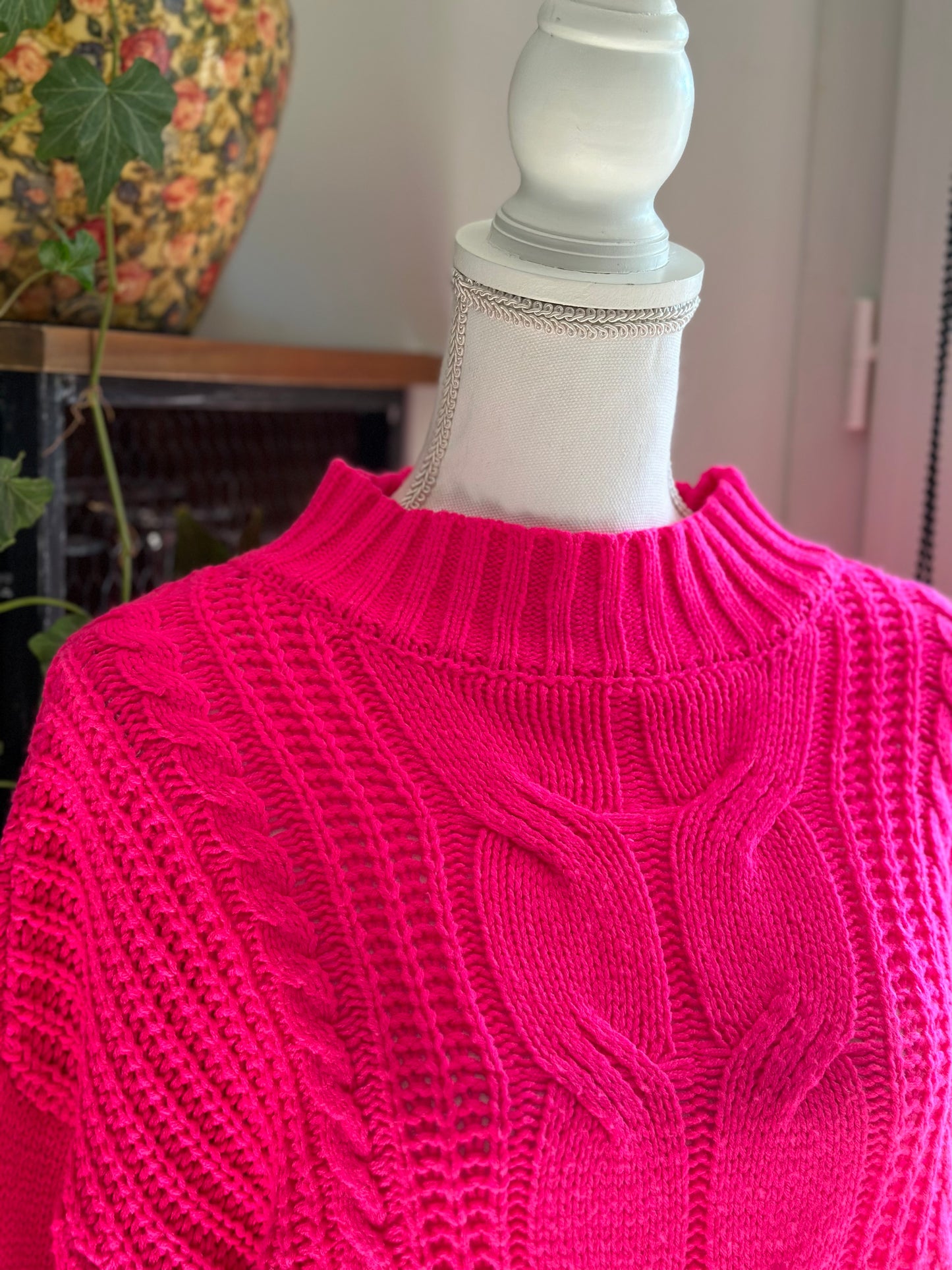 Pull d’hiver en maille torsadée rose, T.U