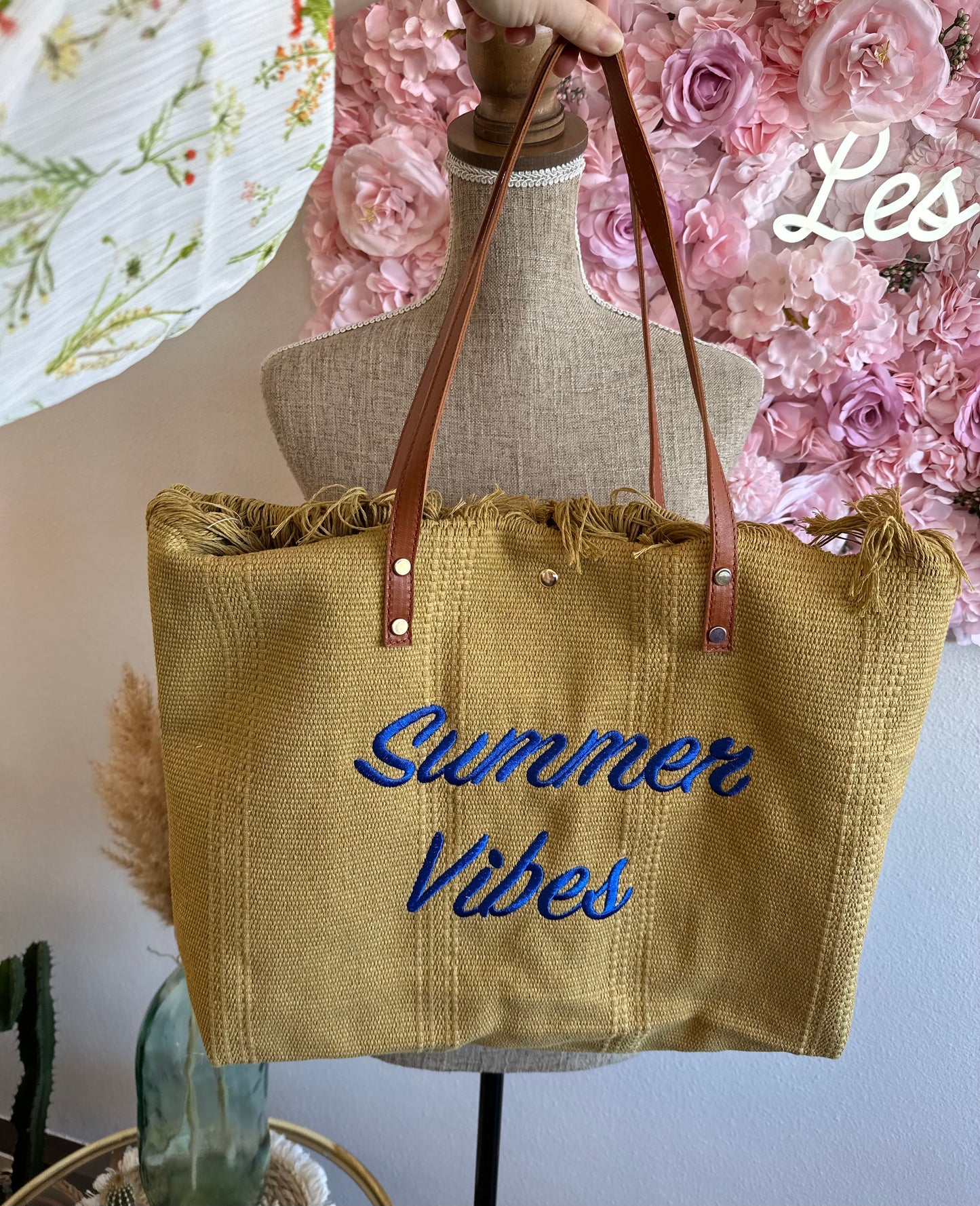 Sac cabas en osier porté épaule, imprimé Summer Vibes