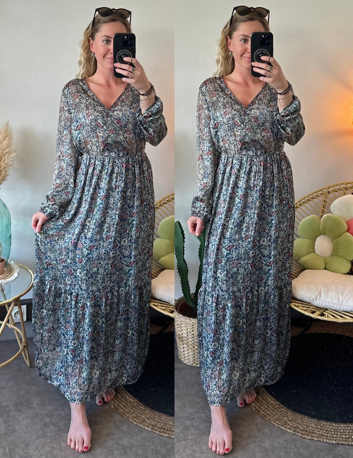Robe longue en voile imprimé fleuri et lurex, T.38