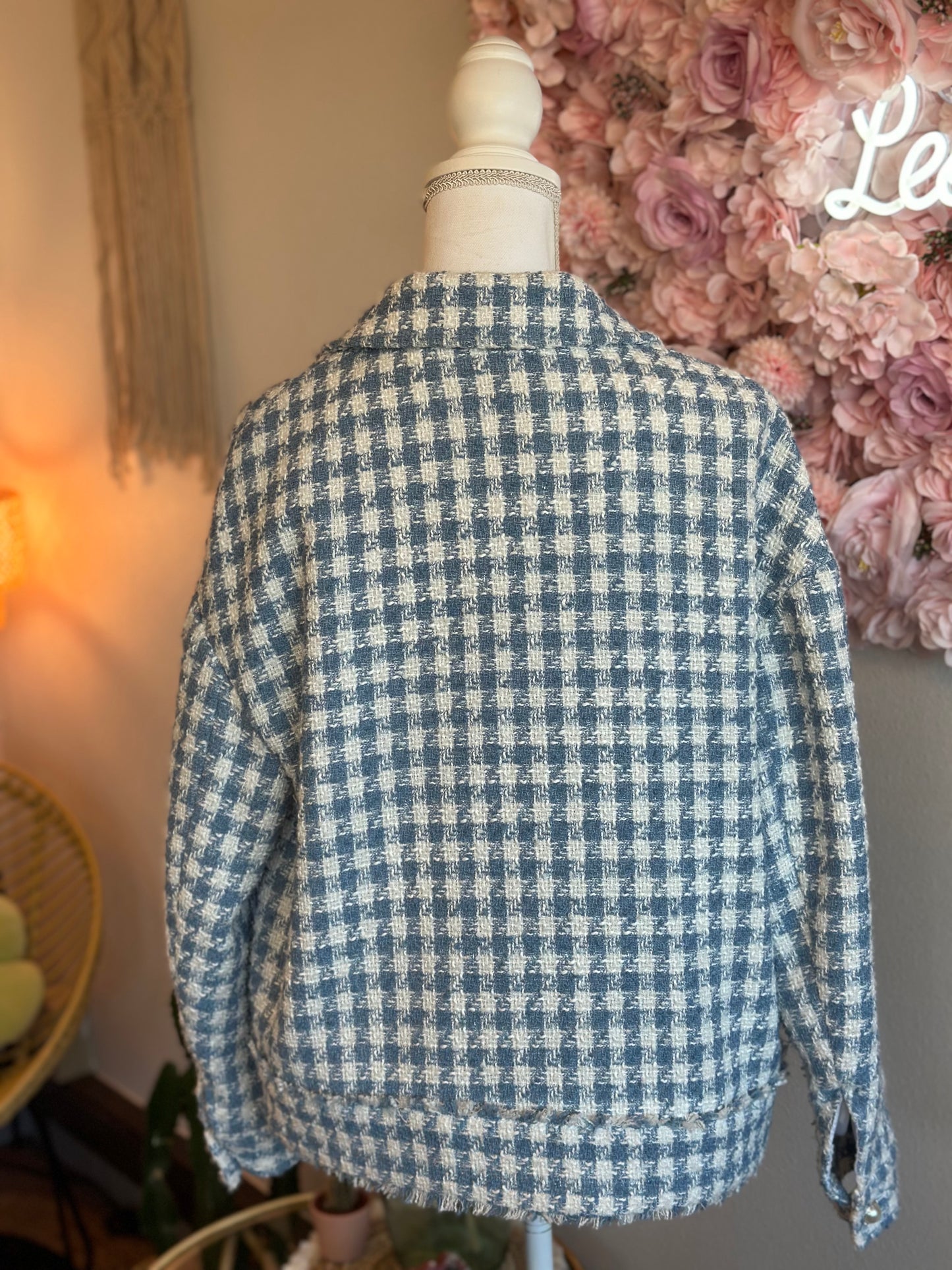 Veste en tweed pied-de-poule bleu et blanc, T.36
