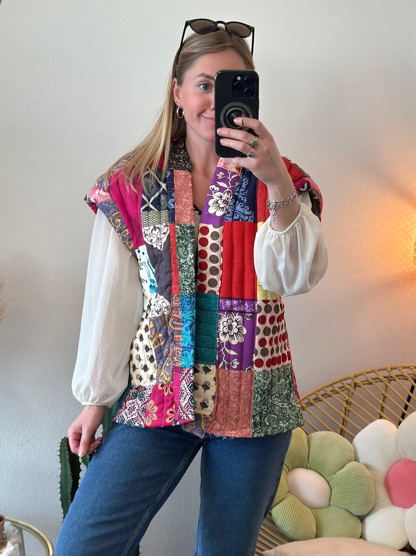 Gilet sans manches matelassé, patchwork coloré, T.U