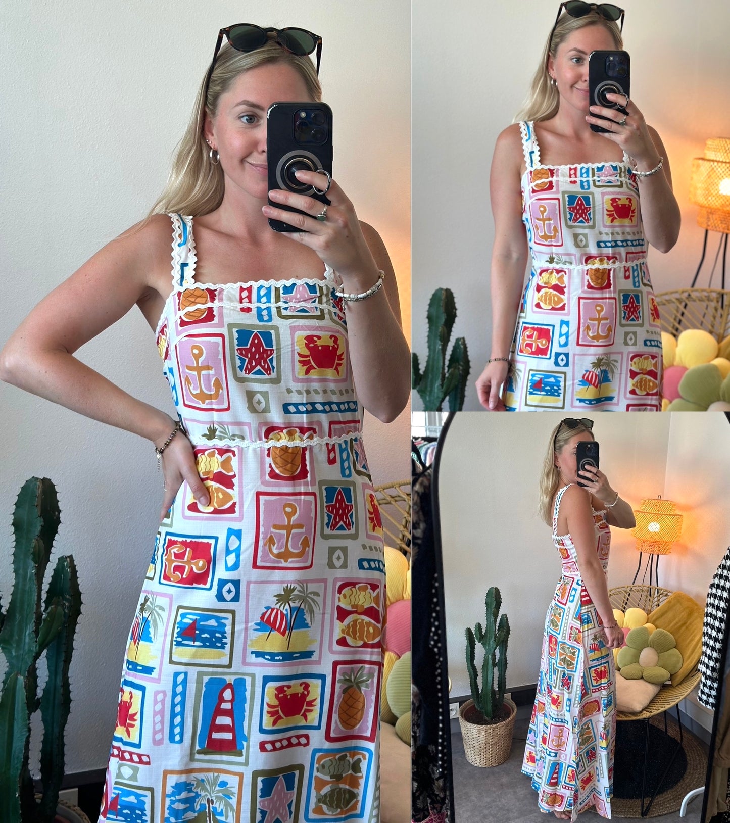 Belle robe longue d’été en lin à motifs colorés de plage T.36
