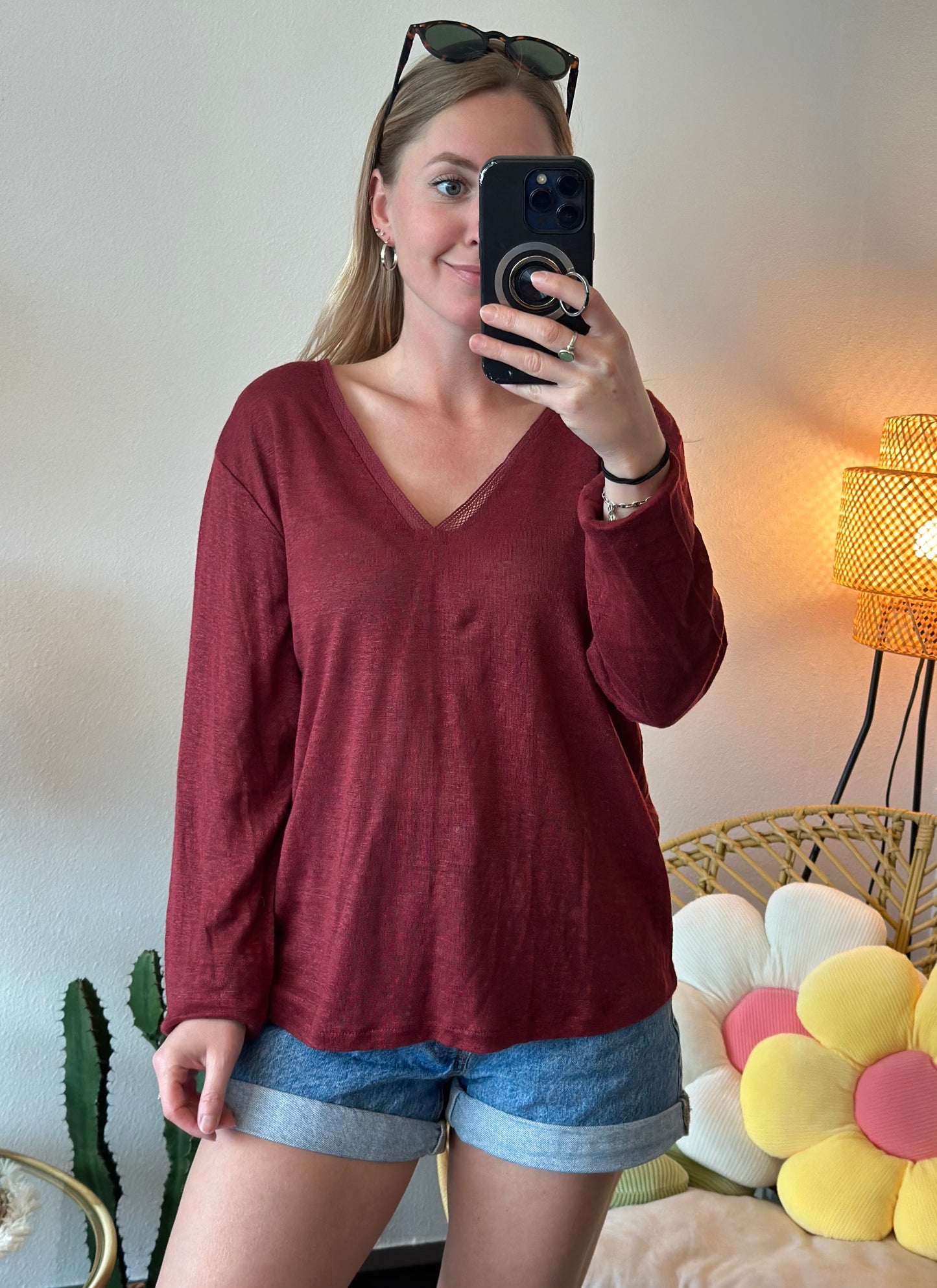 Pull en lin maille fine bordeaux, T.36/38, oversize, neuf avec étiquette