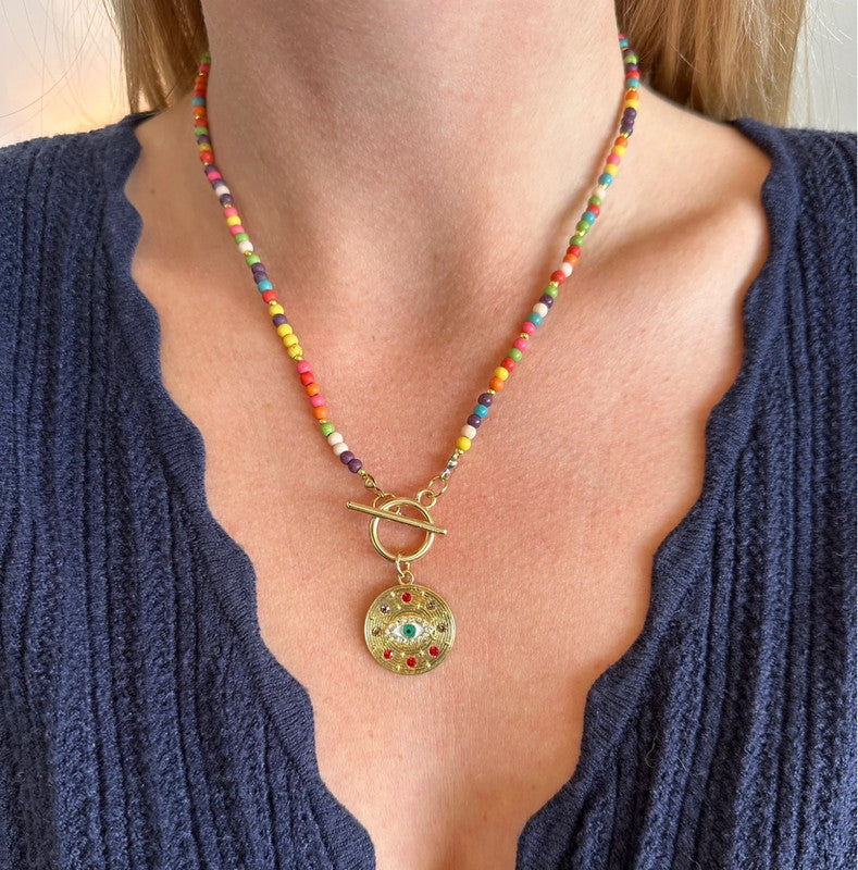 Collier avec perles en howlite multicolore acier inoxydable