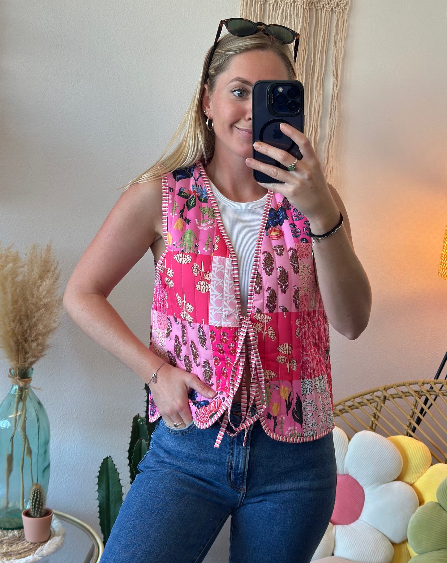 Gilet sans manches matelassé à motifs patchwork colorés, T.36