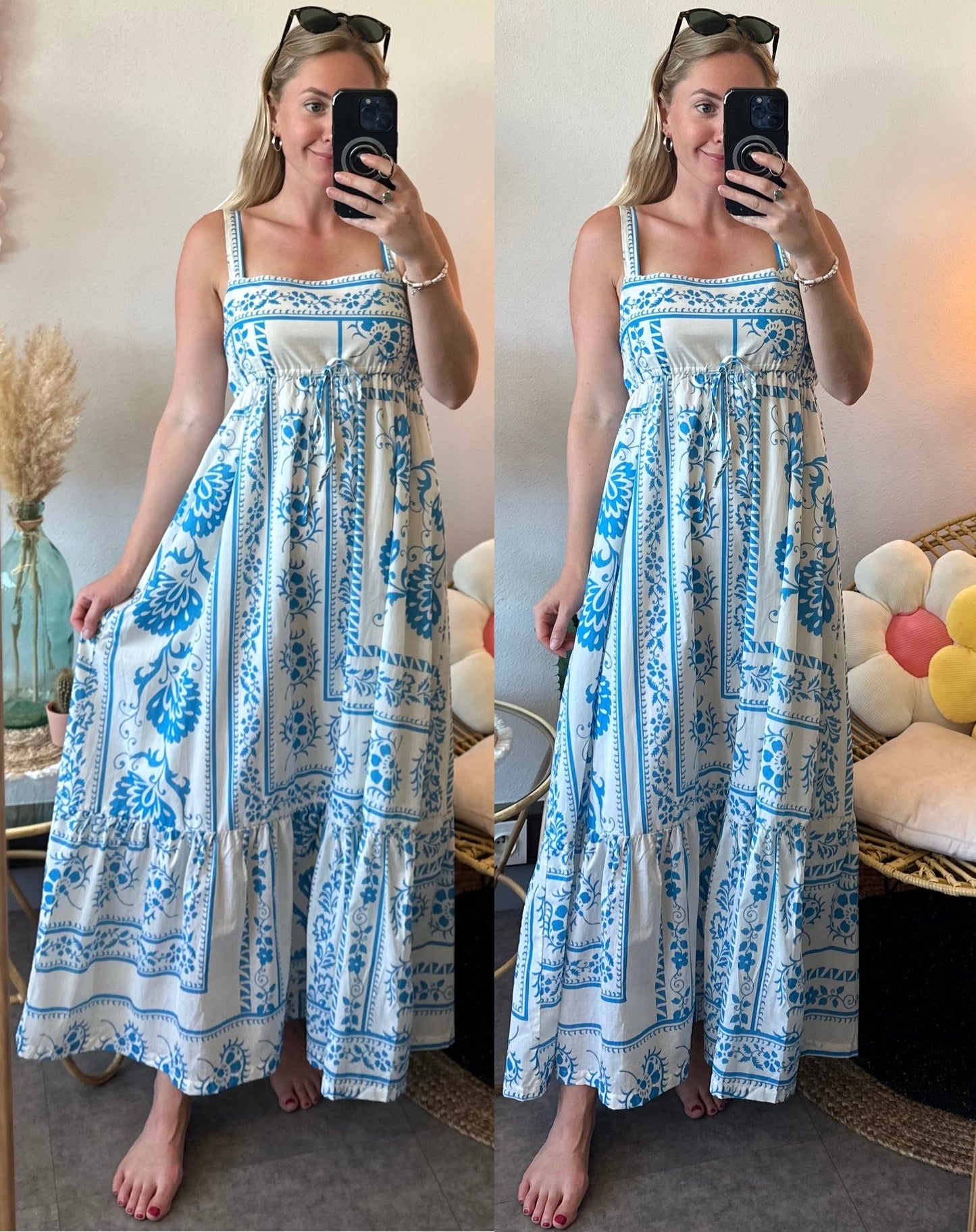 Robe d’été longue bohème imprimé fleuri bleu modèle Kareen T.36 neuve
