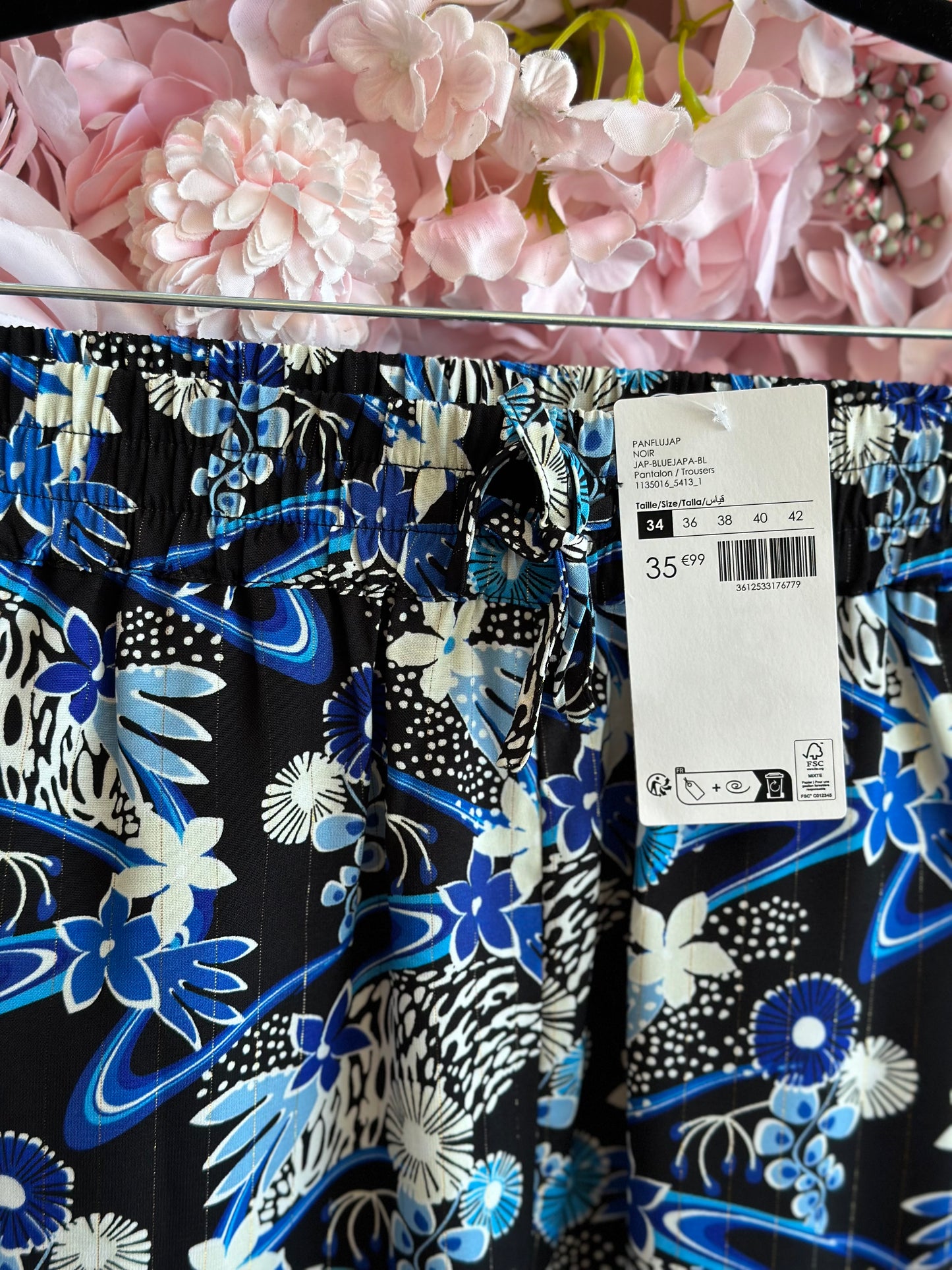 Pantalon fluide jambes larges à motifs fleuris bleu et blanc T.34