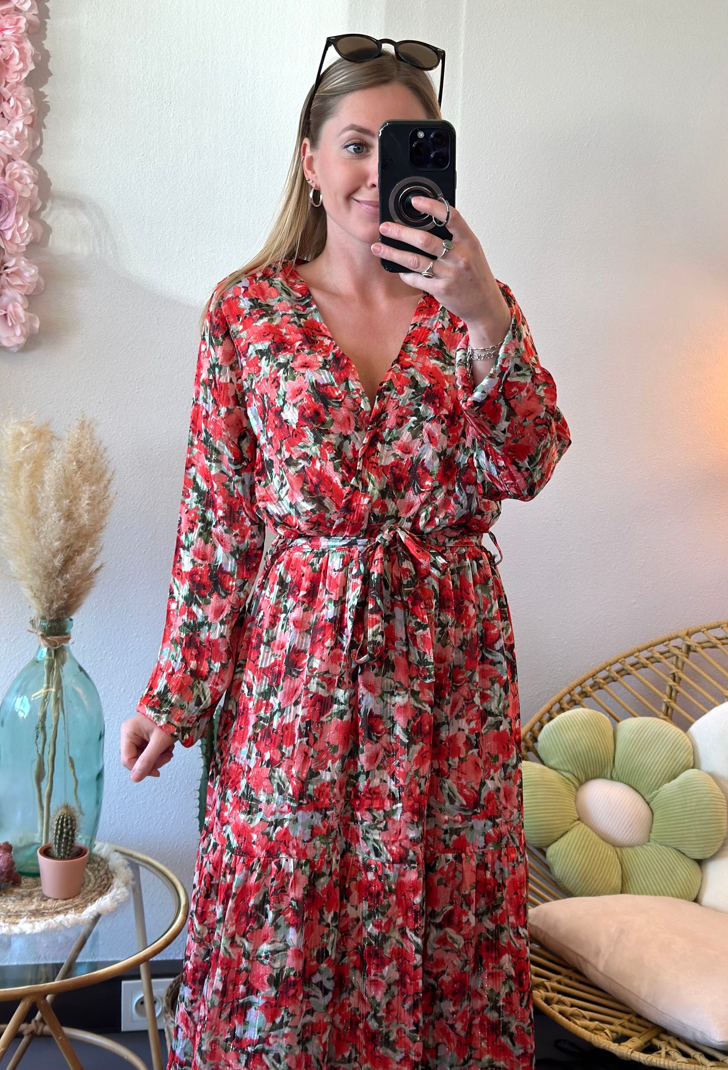 Robe longue motifs fleuris rouge corail T.38