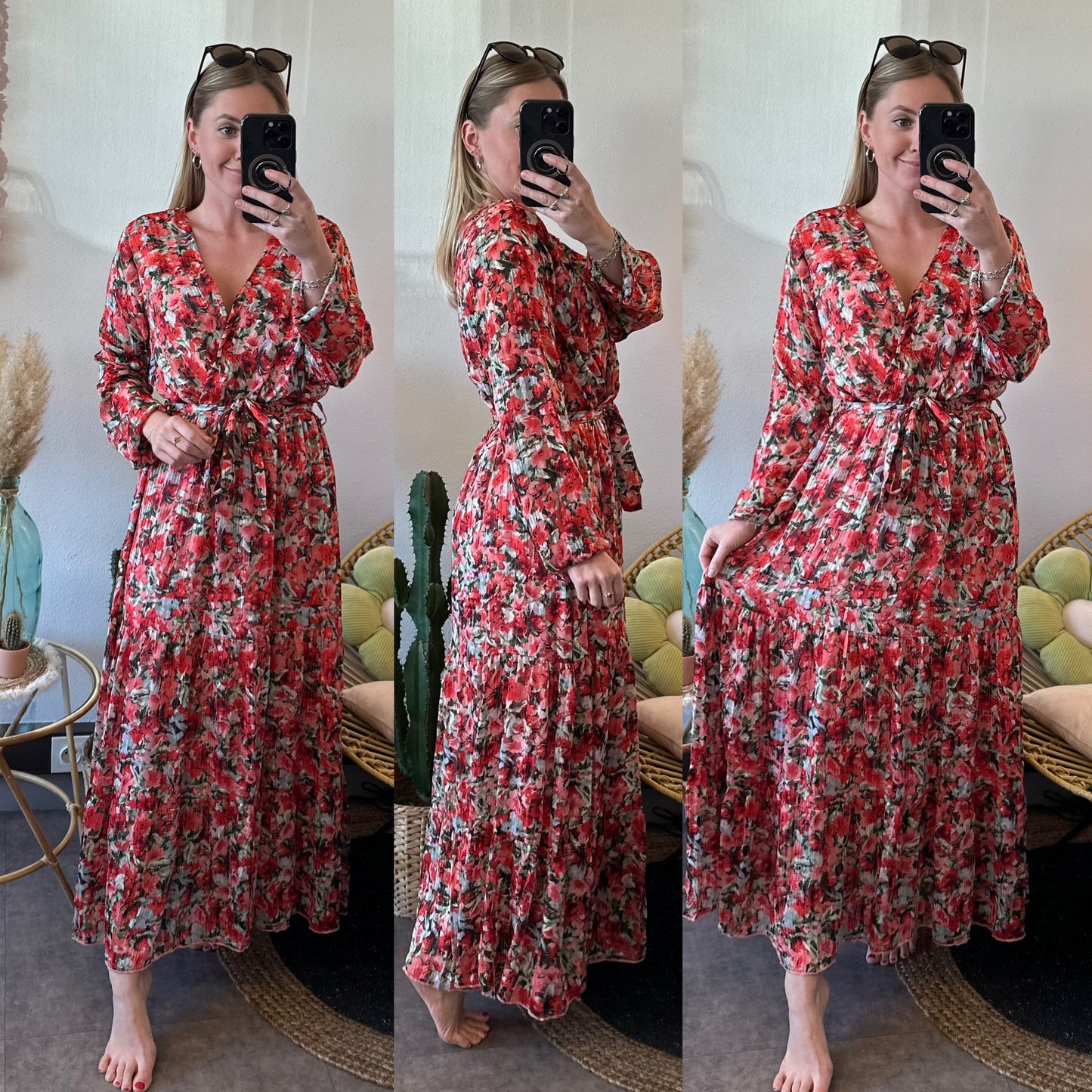 Robe longue motifs fleuris rouge corail T.38
