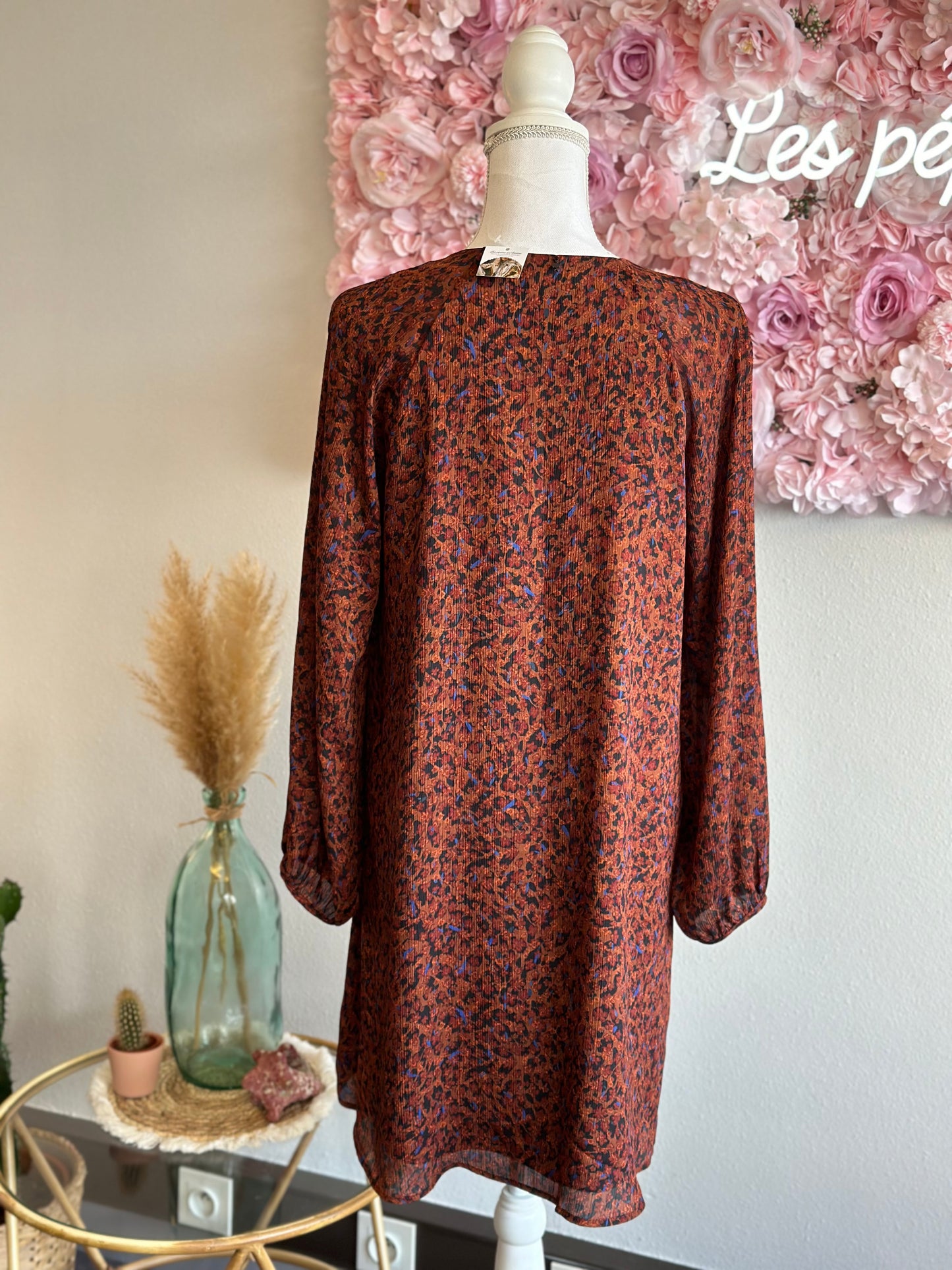 Robe fluide marron imprimé fleuri T40