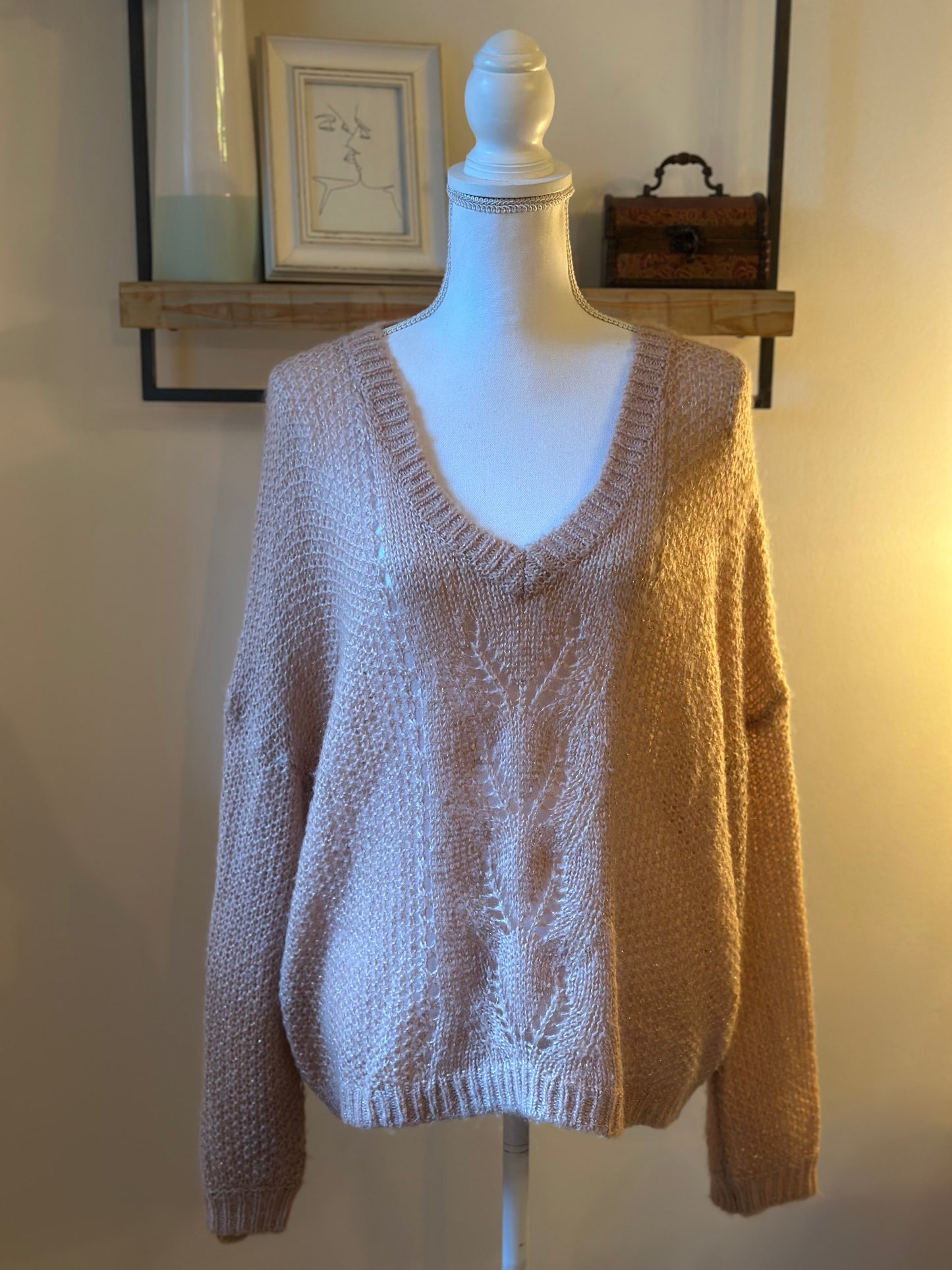 Pull ajouré en maille mohair rose pâle T.38 oversize