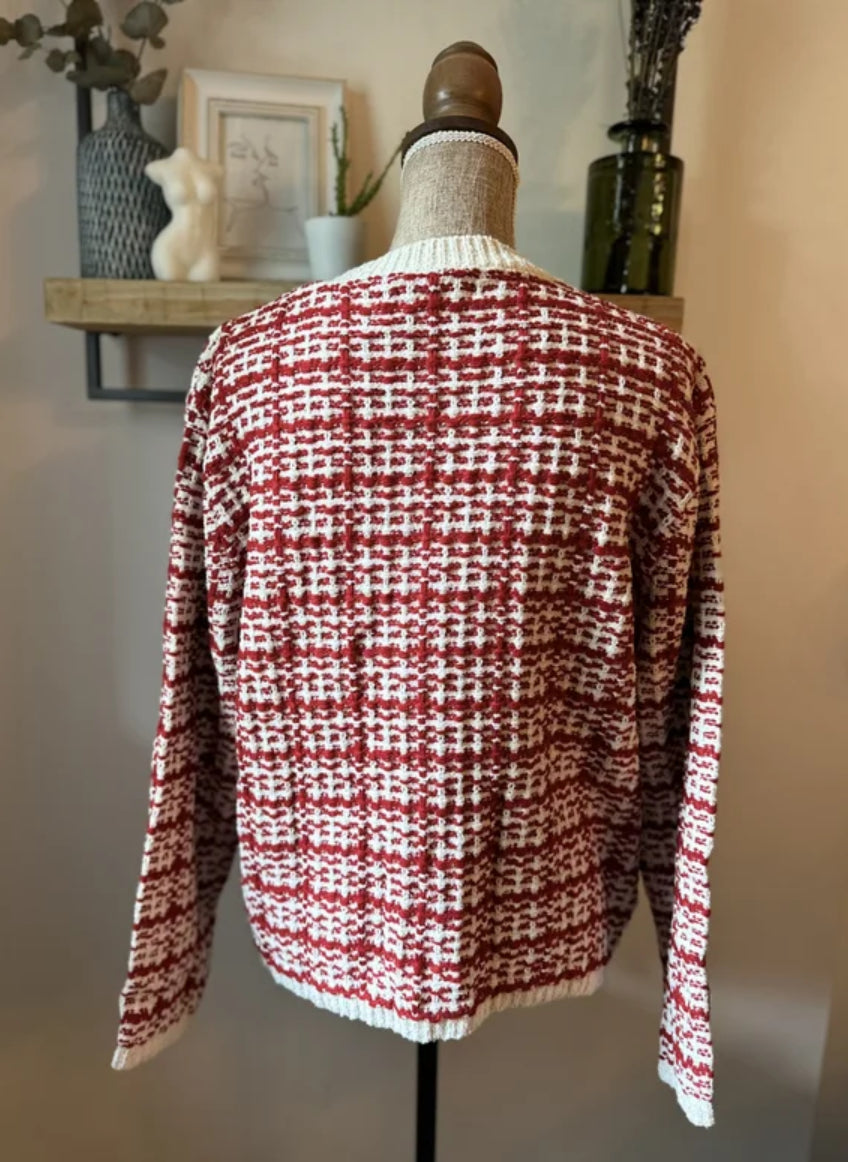 Cardigan rouge et blanc en maille effet tweed T.36