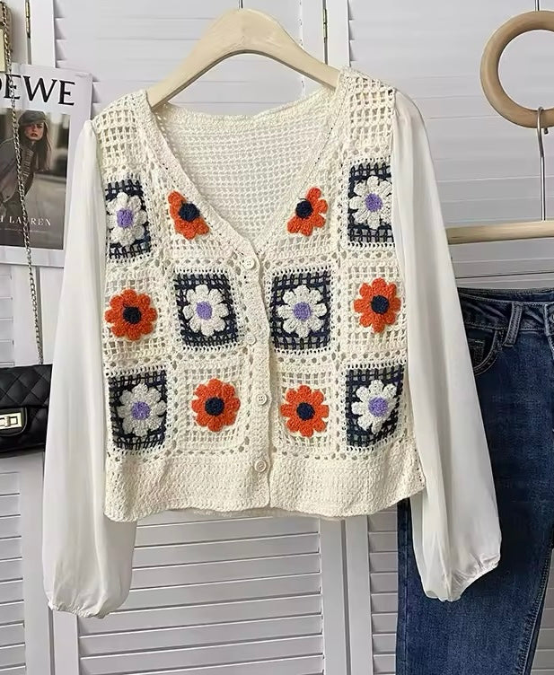 Cardigan en crochet fleuri multicolore T.36