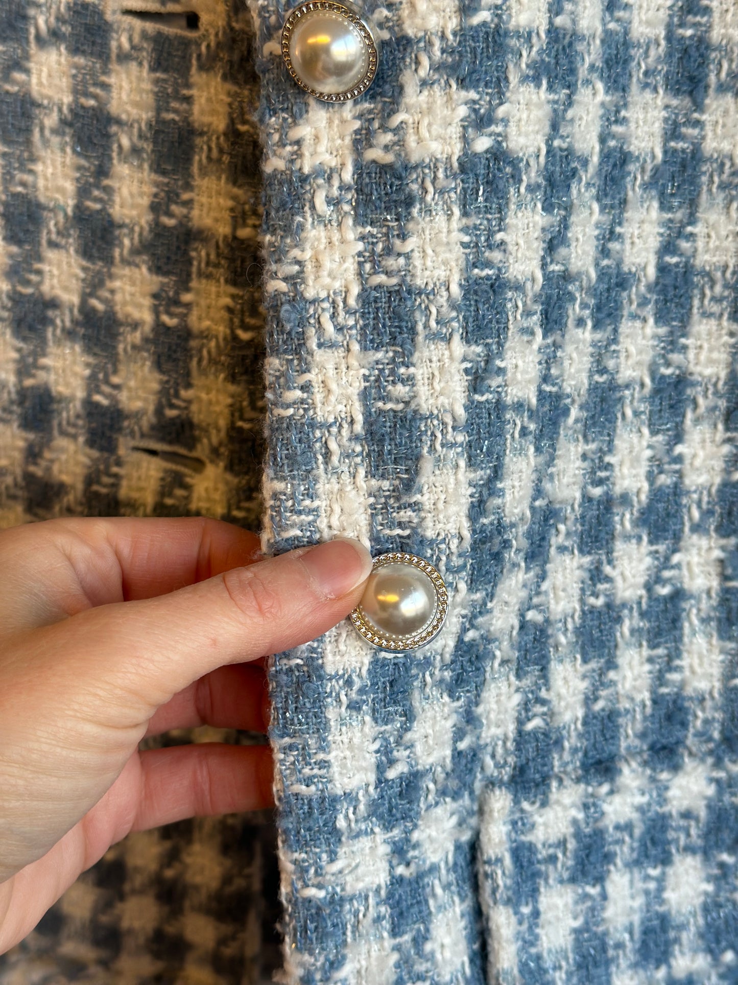 Veste en tweed pied-de-poule bleu et blanc, T.36