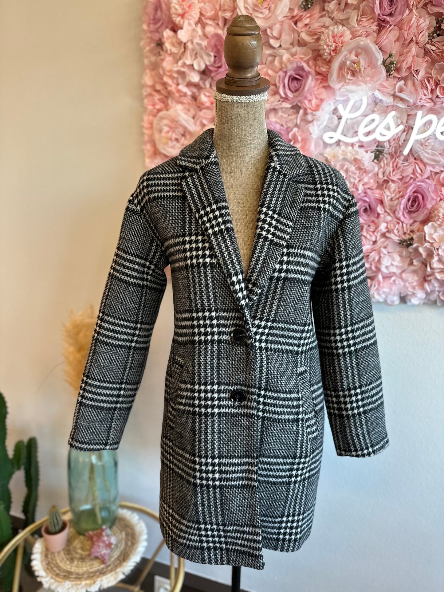 Manteau long à motif pied-de-poule lainé T.34