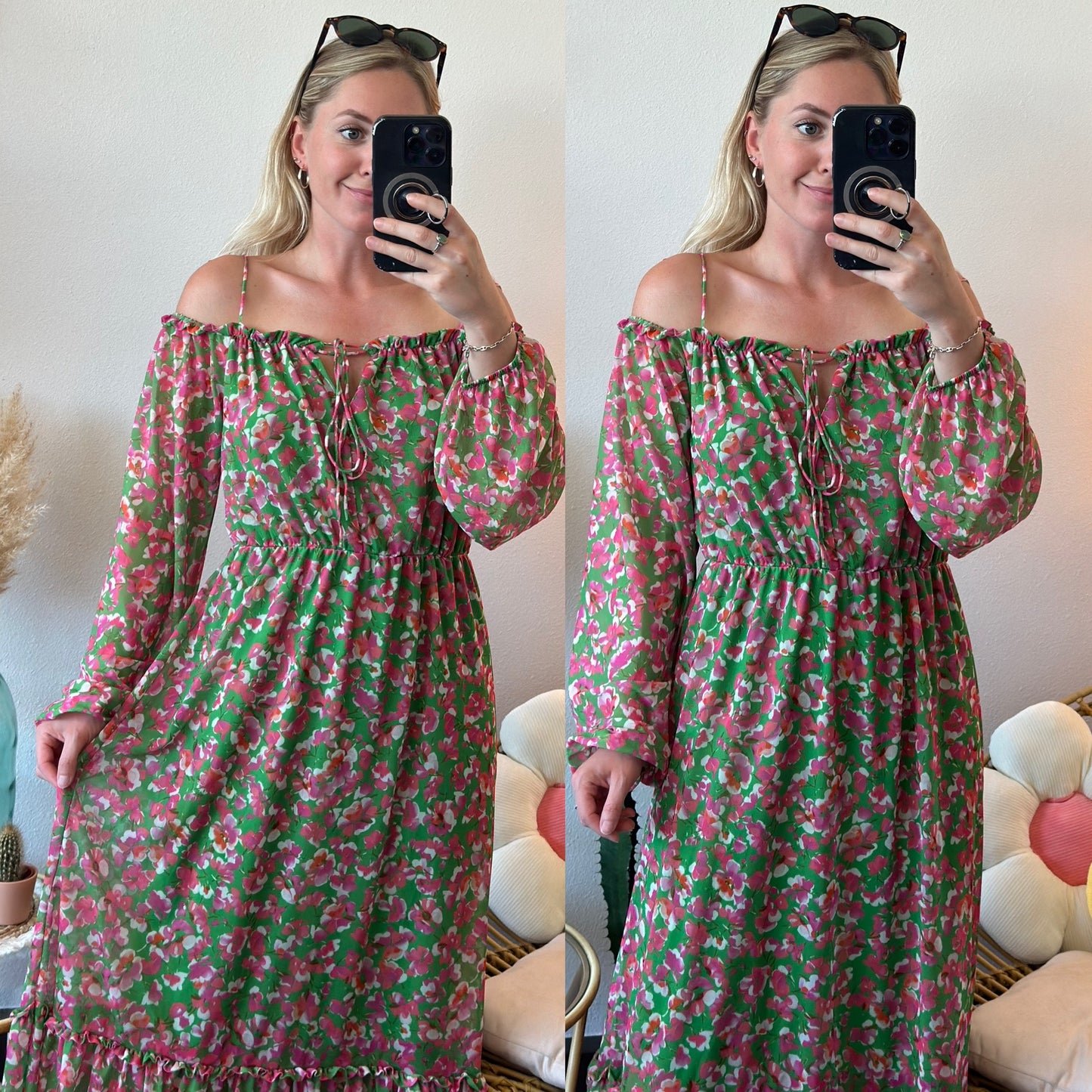 Robe longue d’été verte et rose à motifs fleuris, T.38