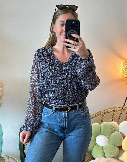 Blouse noire à motifs fleuris lilas T.38