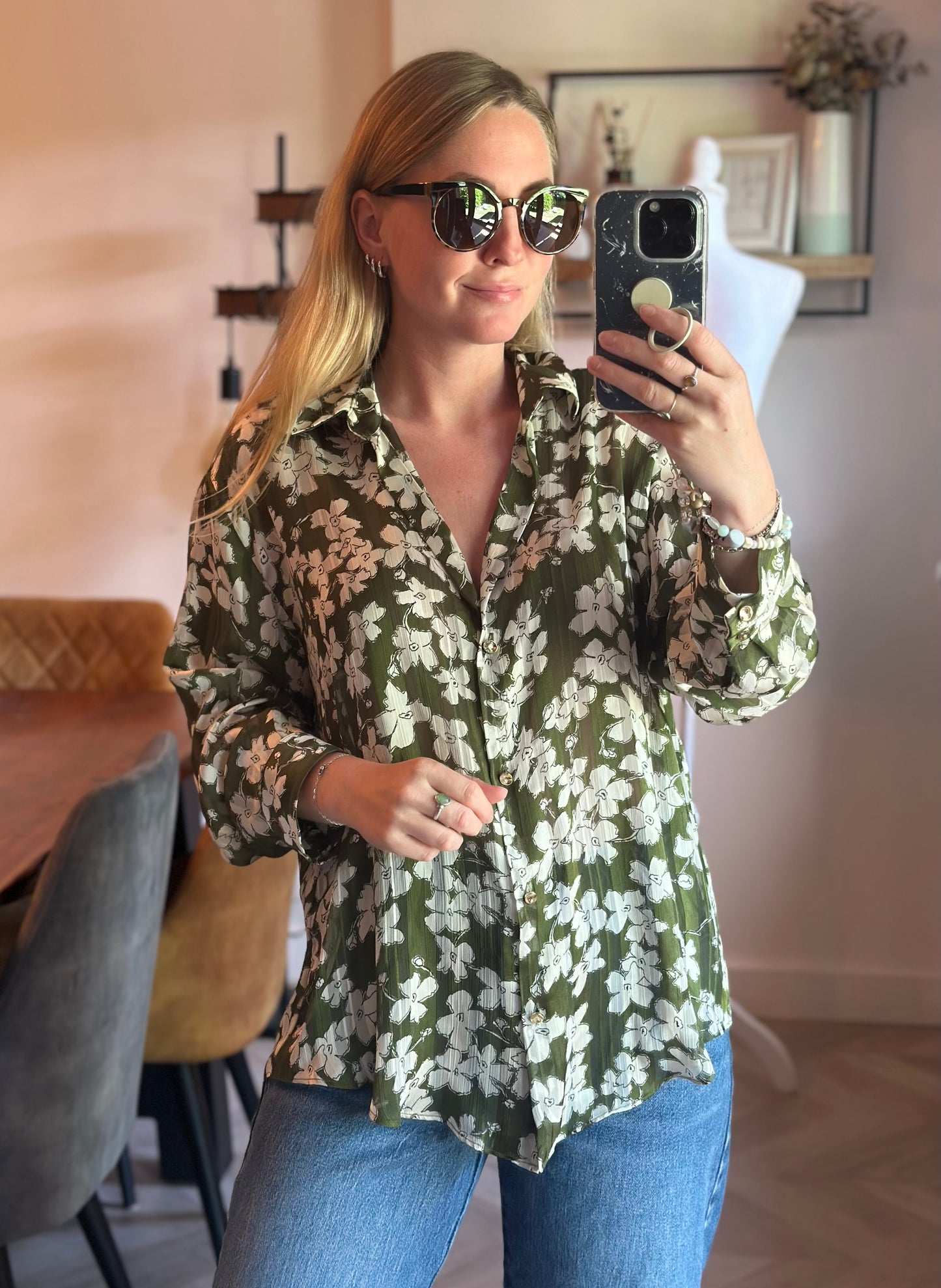 Chemise fleurie kaki & écru T.36