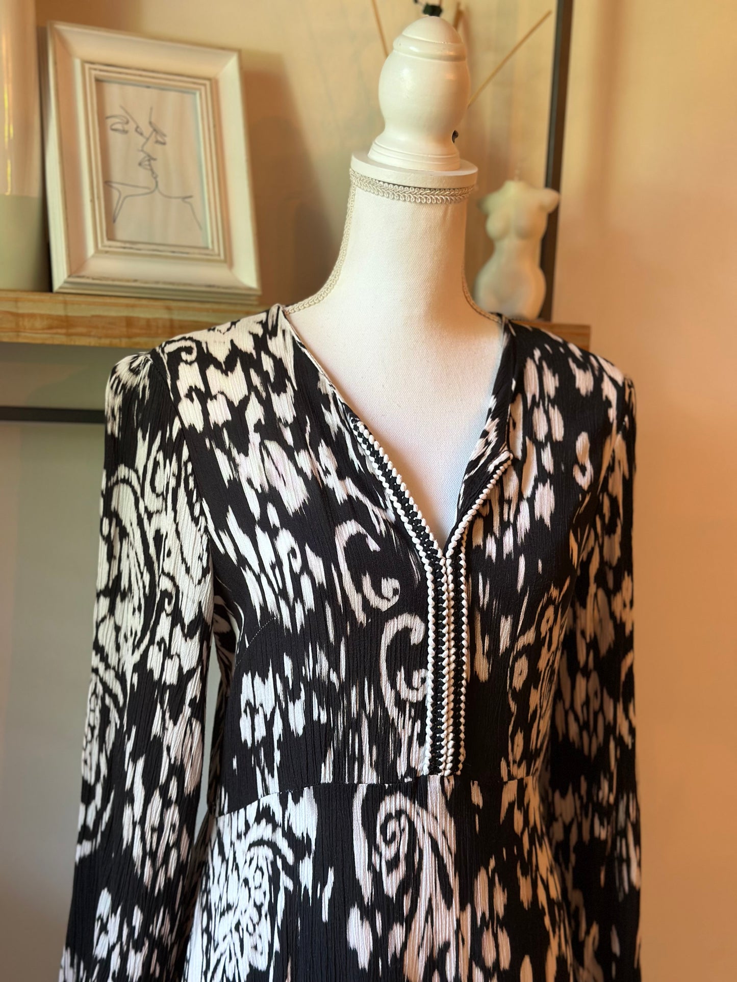 Robe longue imprimée noir et écru Made in France T.38/40