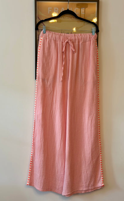Pantalon rose gaze de coton Made in Italy – Broderie arc-en-ciel T.U 36 à 44