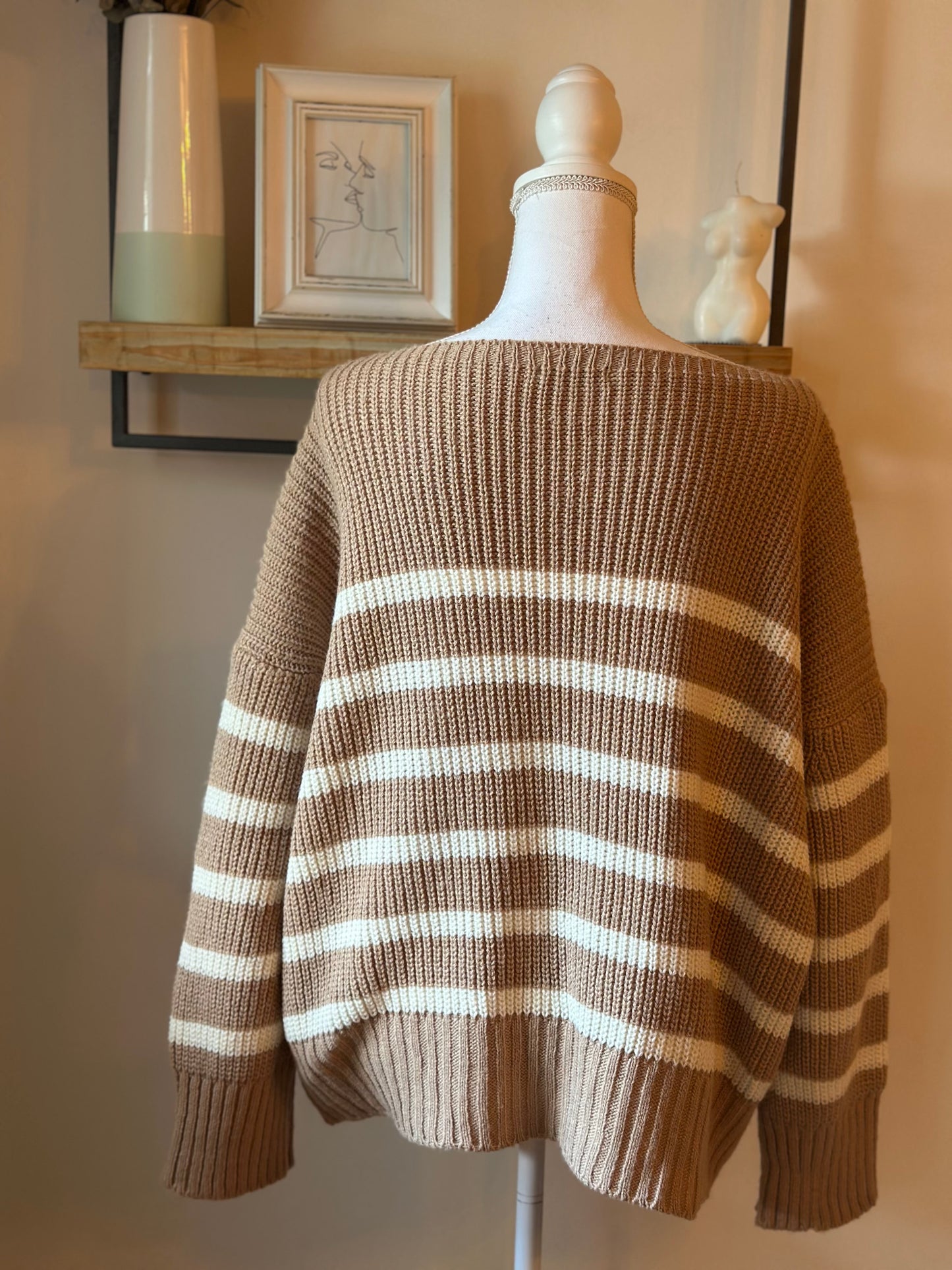 Pull marinière oversize beige rayé blanc T.U (42 au 48)