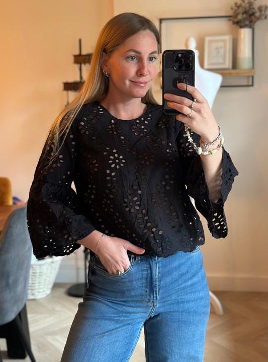 Blouse noire broderies fleurs coton T.36