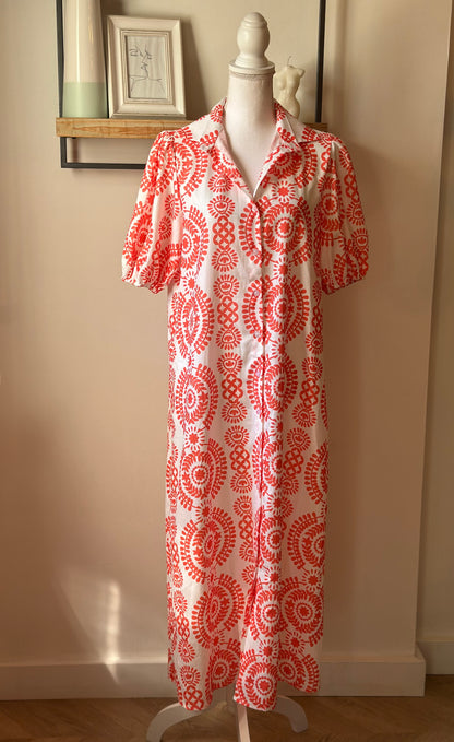 Robe longue imprimé graphique rouge blanc fluide T.38