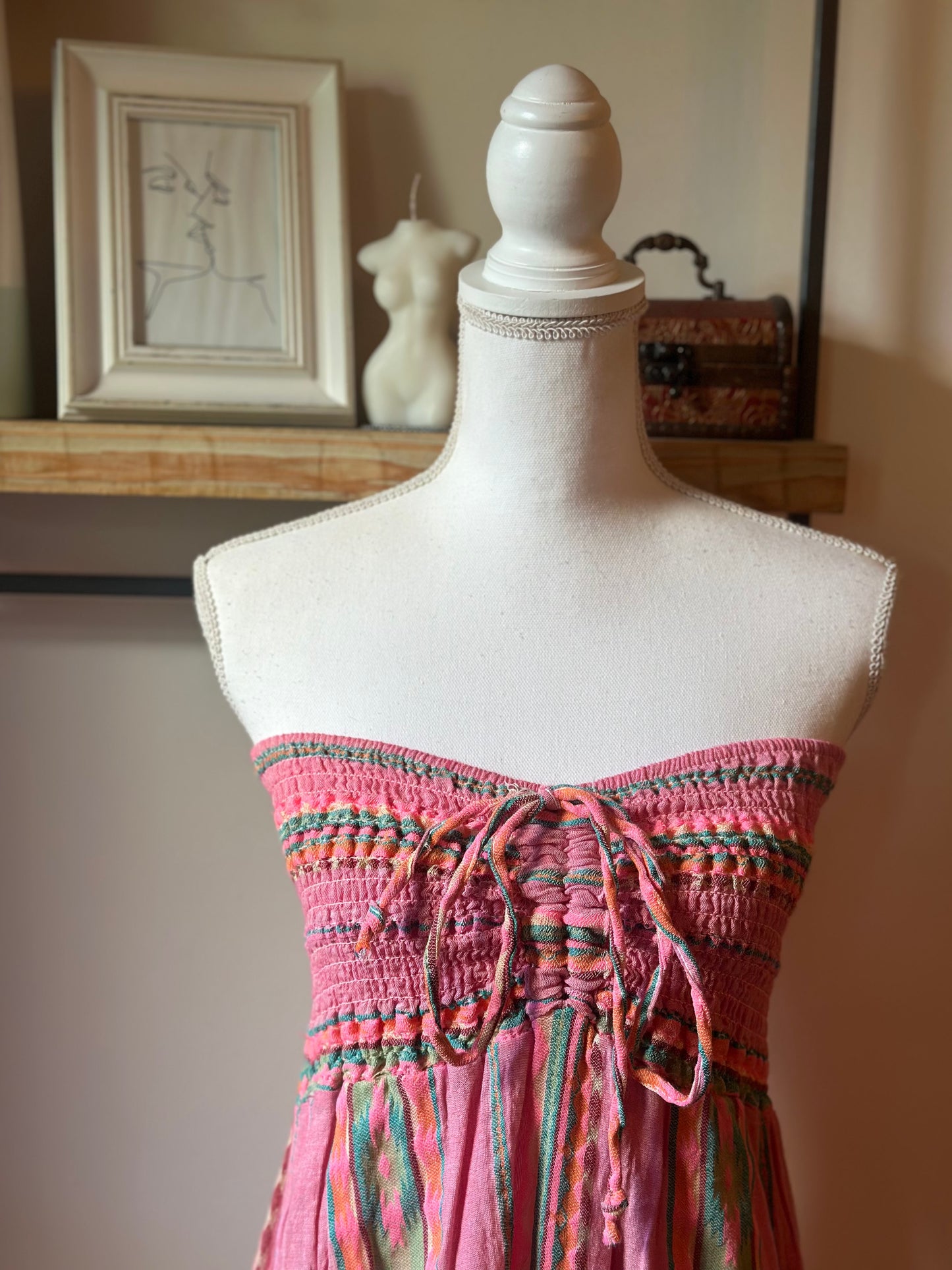 Robe longue bustier rayures multicolores en gaze de coton T.U